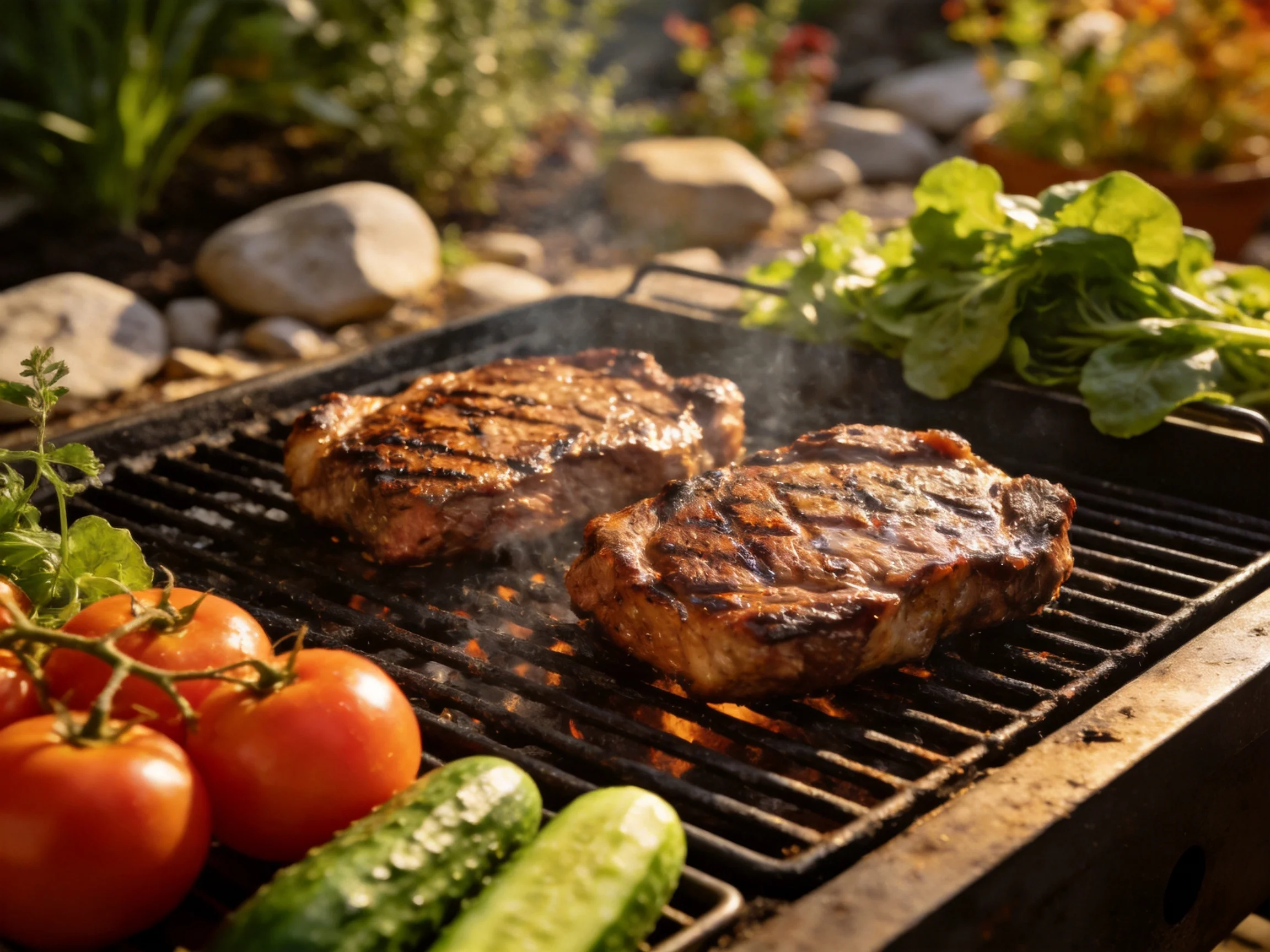 Two grilled steaks cook with colorful fresh vegetables on an outdoor grill