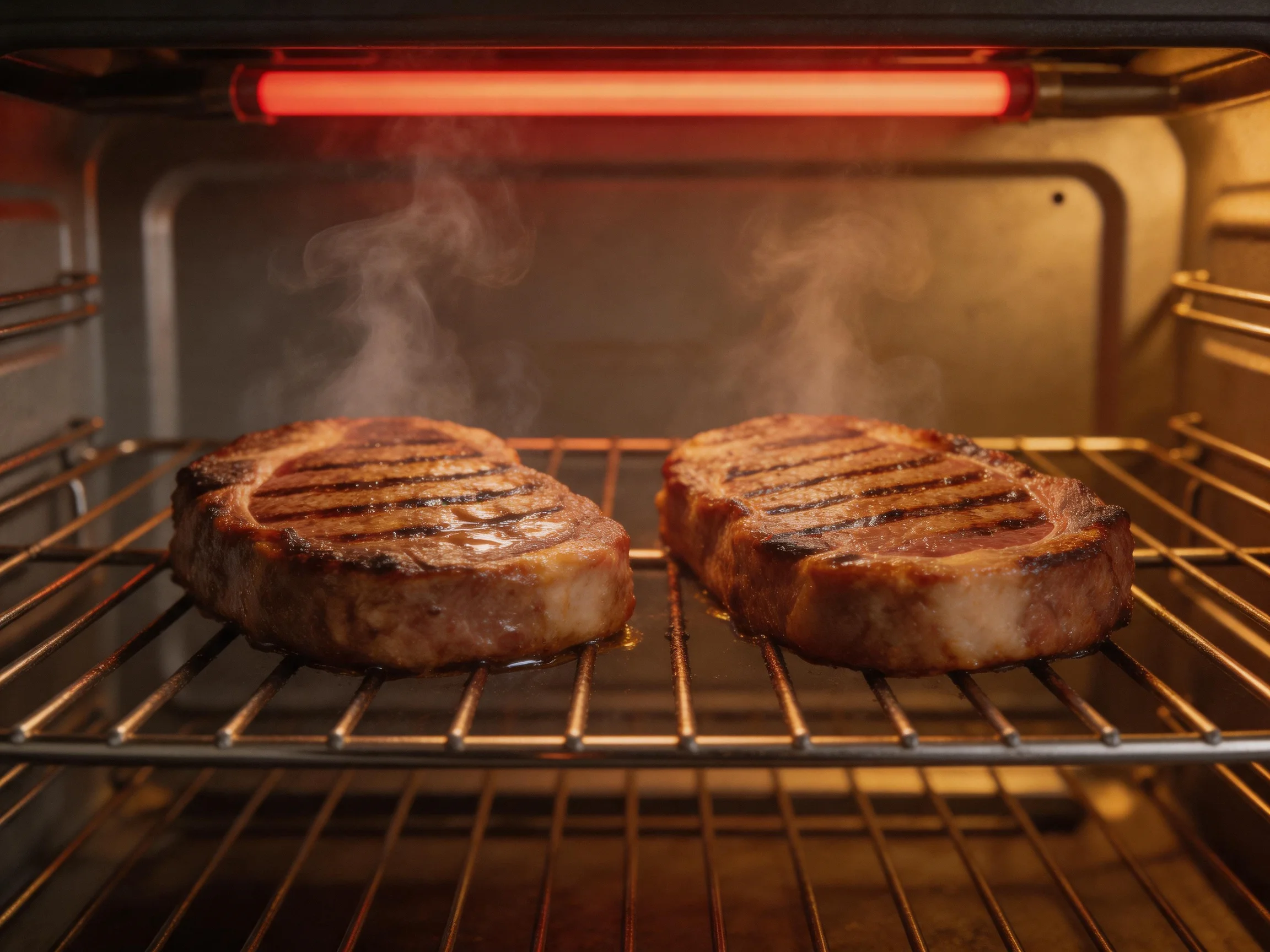 Two grilled steaks cooking on an oven rack under a red heat lamp
