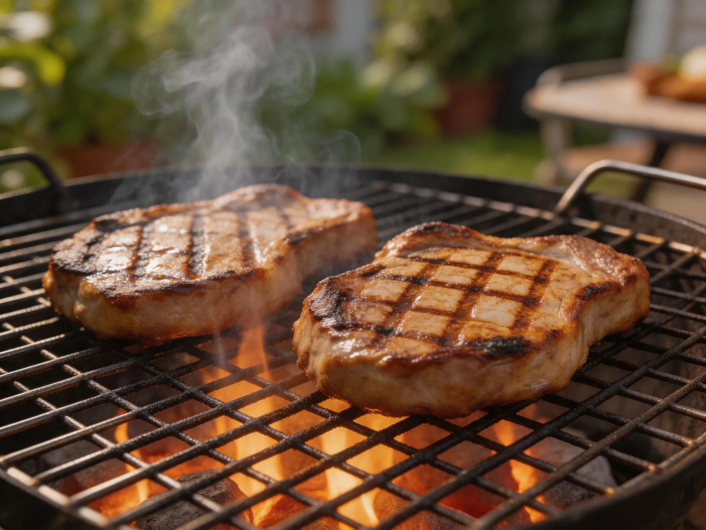 Two grilled steaks cooking over flaming coals on an outdoor grill