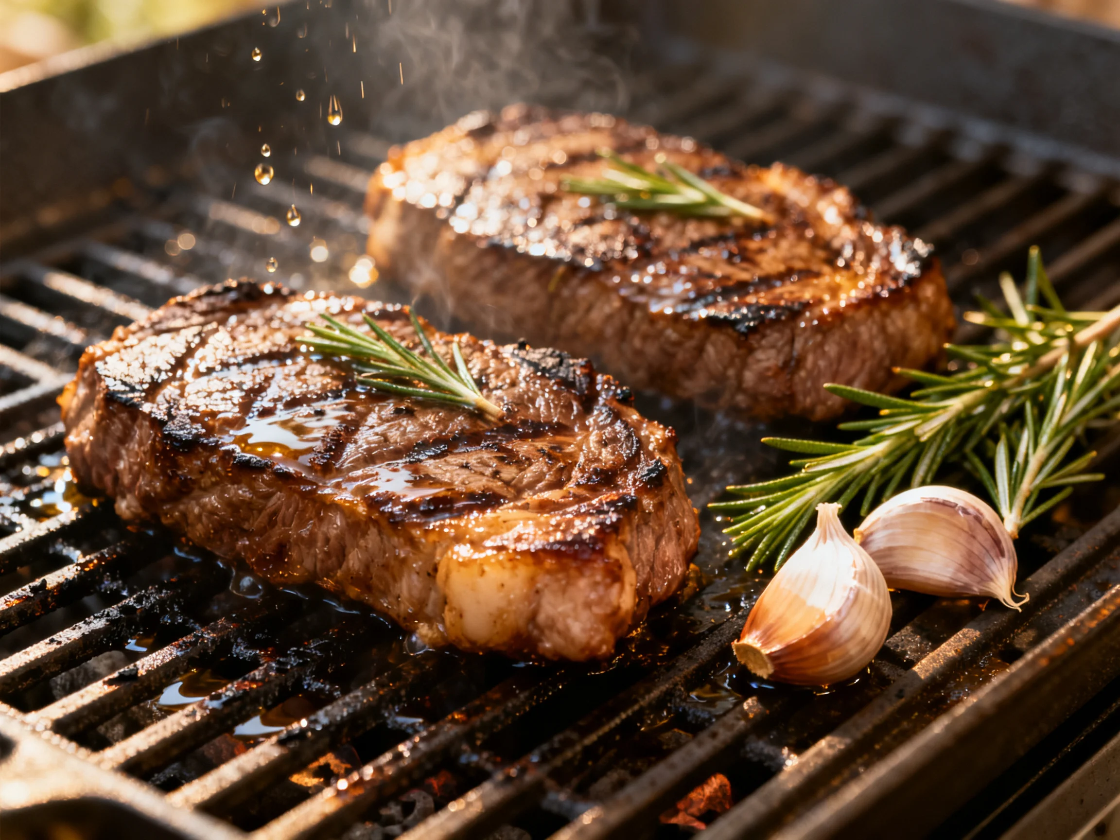 Two grilled steaks garnished with rosemary on a cast iron grill