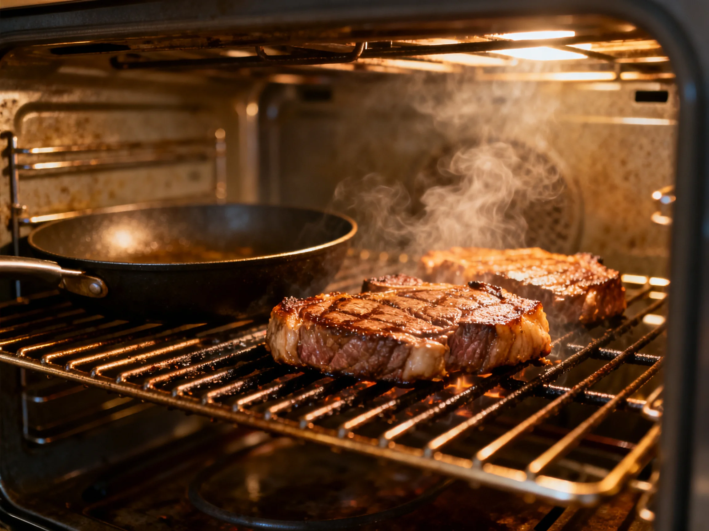Grilled steaks and a skillet cook inside a warmly lit oven.