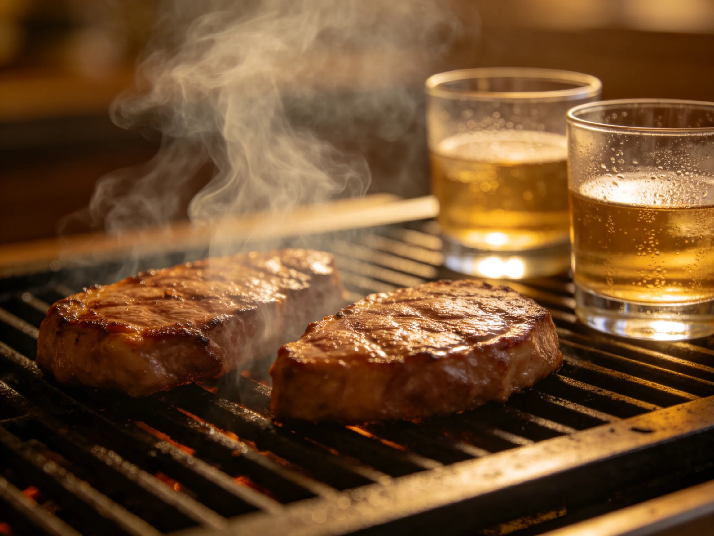 Two grilled steaks sizzle on a barbecue beside two glasses of golden beverage.