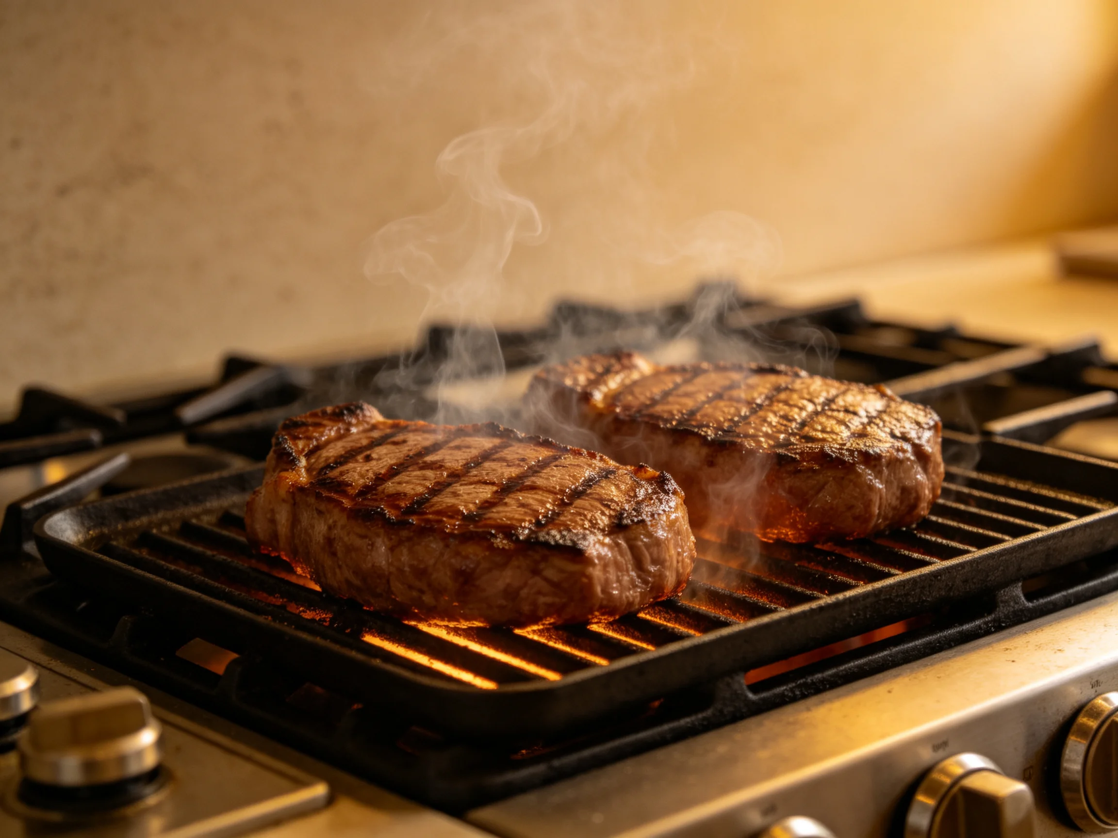 Two grilled steaks sizzle on a black cast iron grill over a gas stove