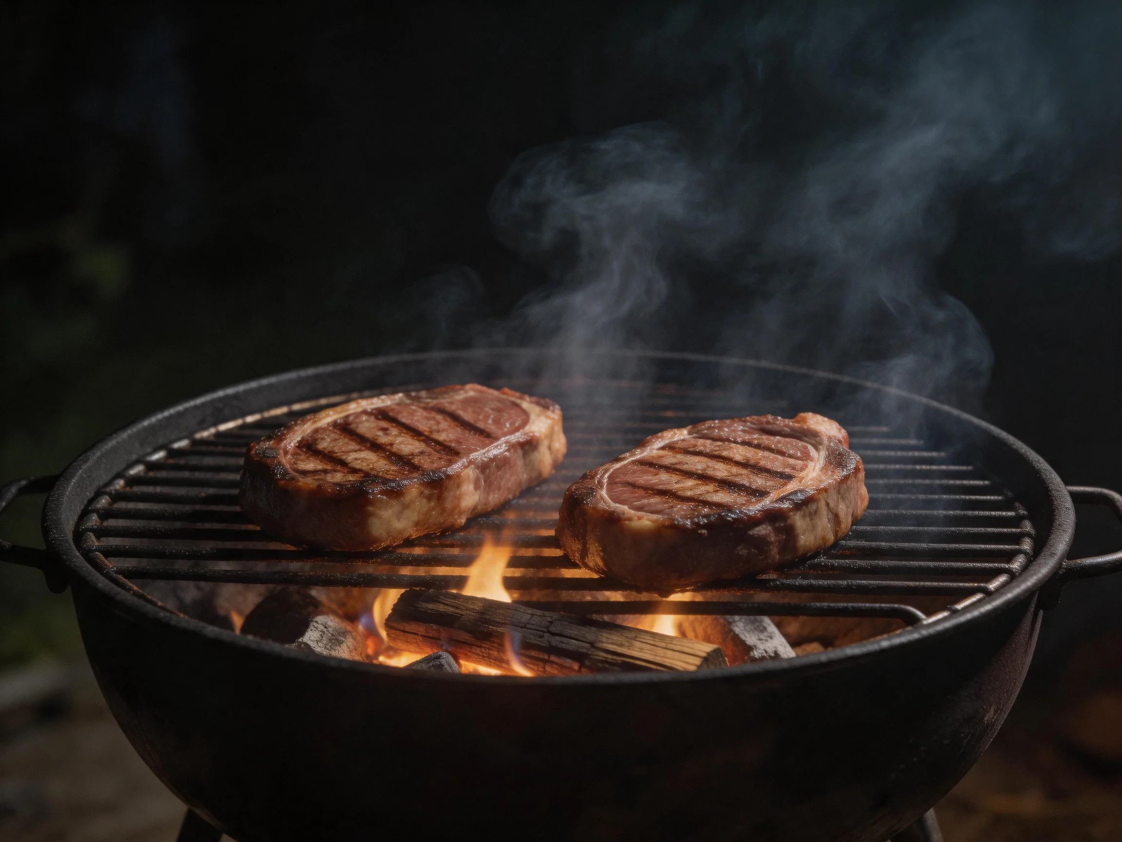 Two grilled steaks sizzle over an open flame with rising smoke