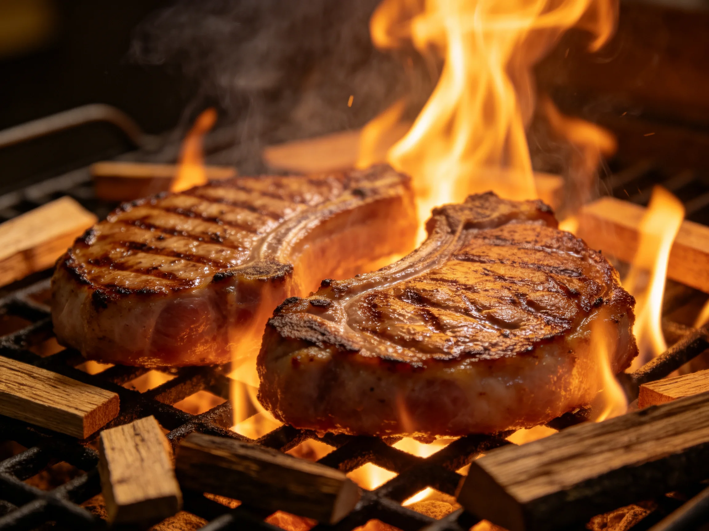 Two grilled steaks sizzle over bright flames on a wooden grill