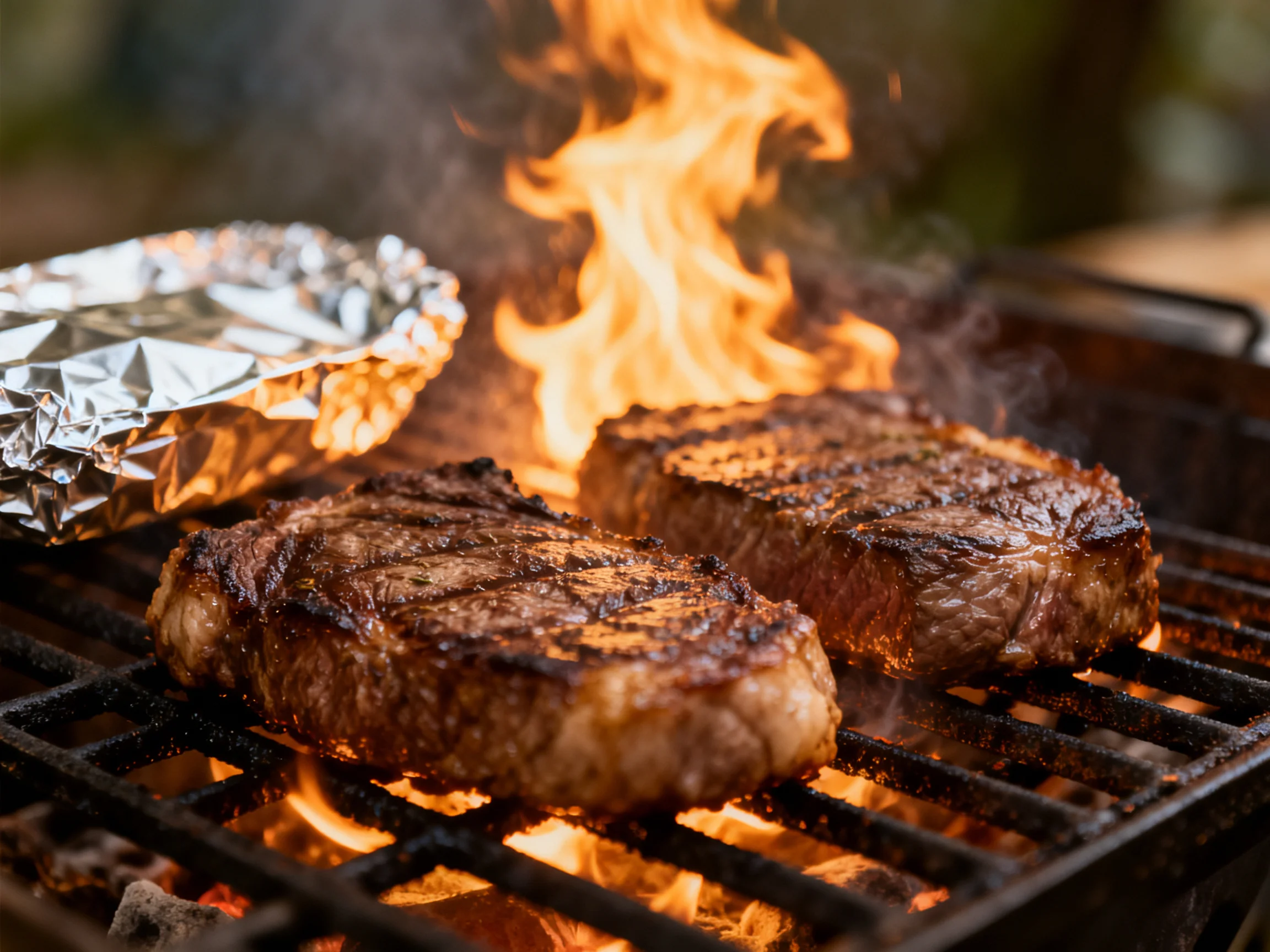 Two steaks cook over open flames on a grill with an aluminum container present.