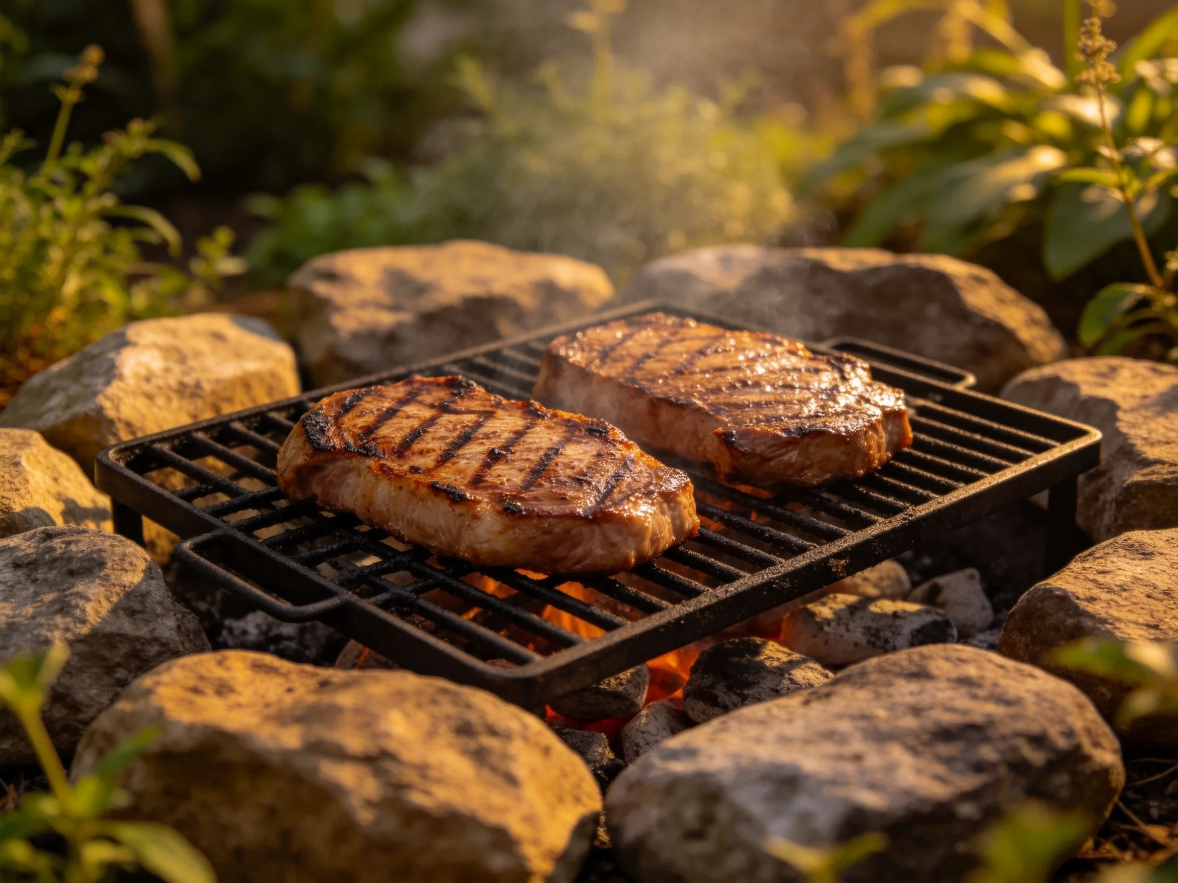 Two grilled steaks sizzle over embers amid large stones