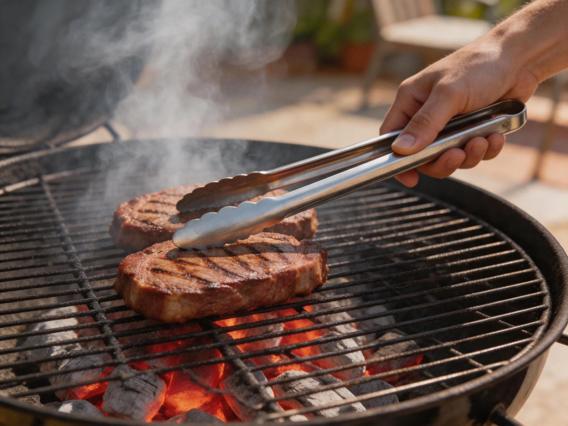 Two grilled steaks sizzle over glowing charcoal on a round outdoor grill