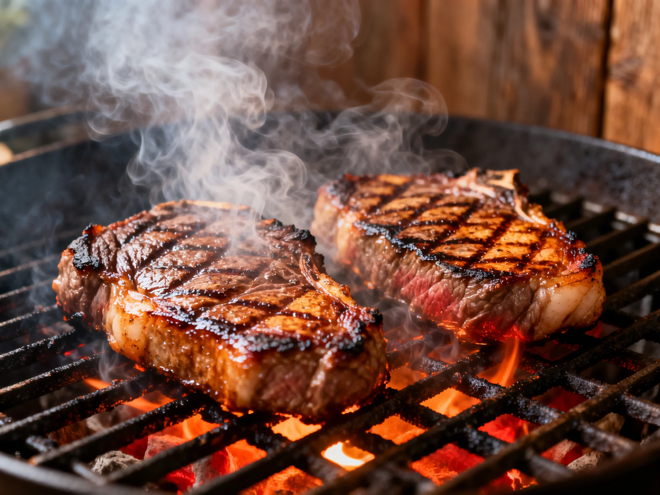 Two grilled steaks sizzle over glowing embers with rising smoke