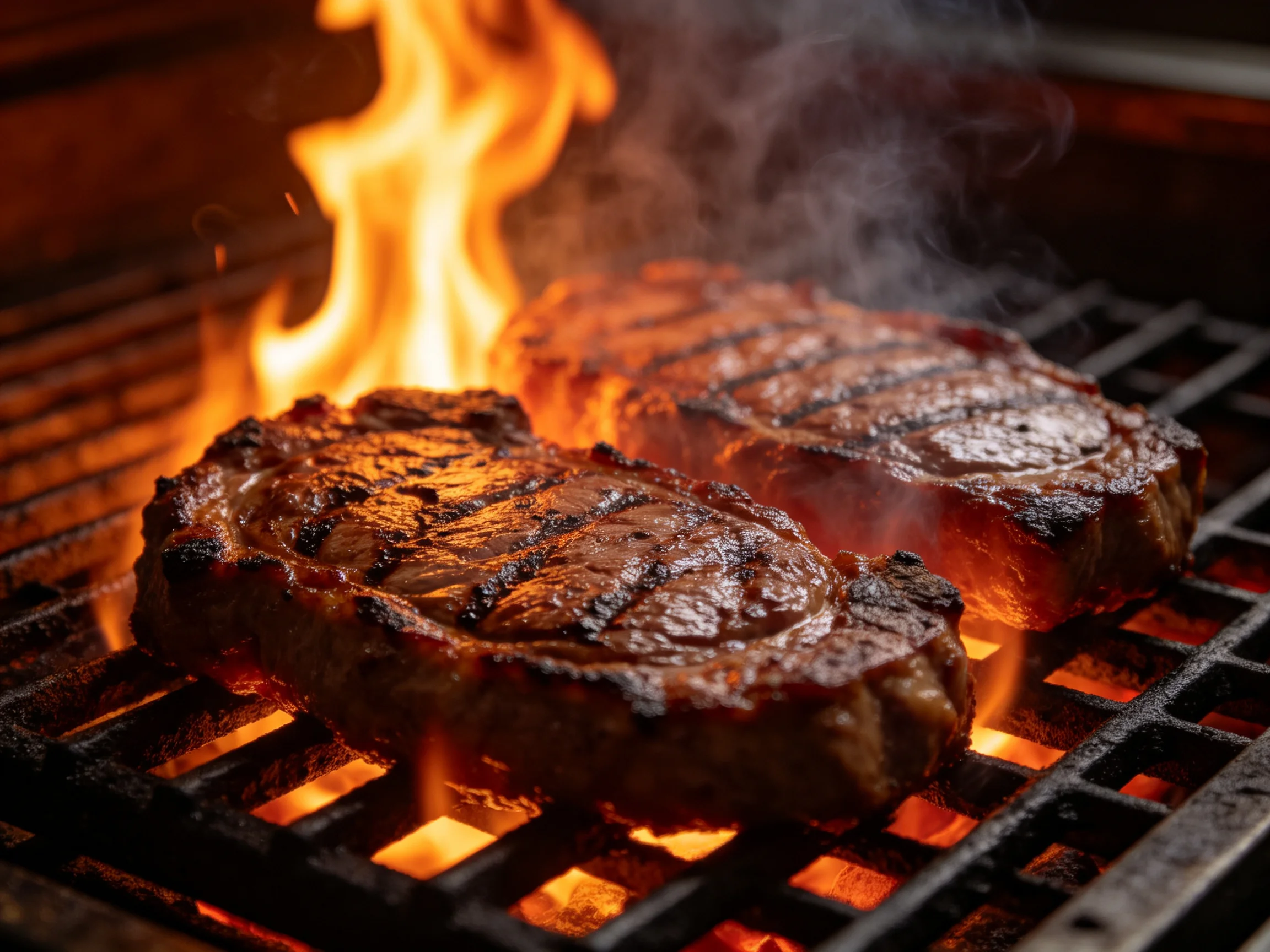 Two grilled steaks sizzling over bright orange flames on a black grill