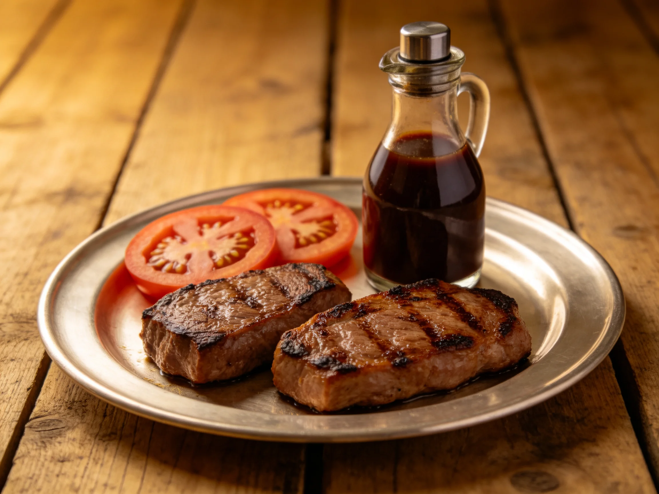 Two grilled steaks, tomato slices, and dark sauce on a silver plate