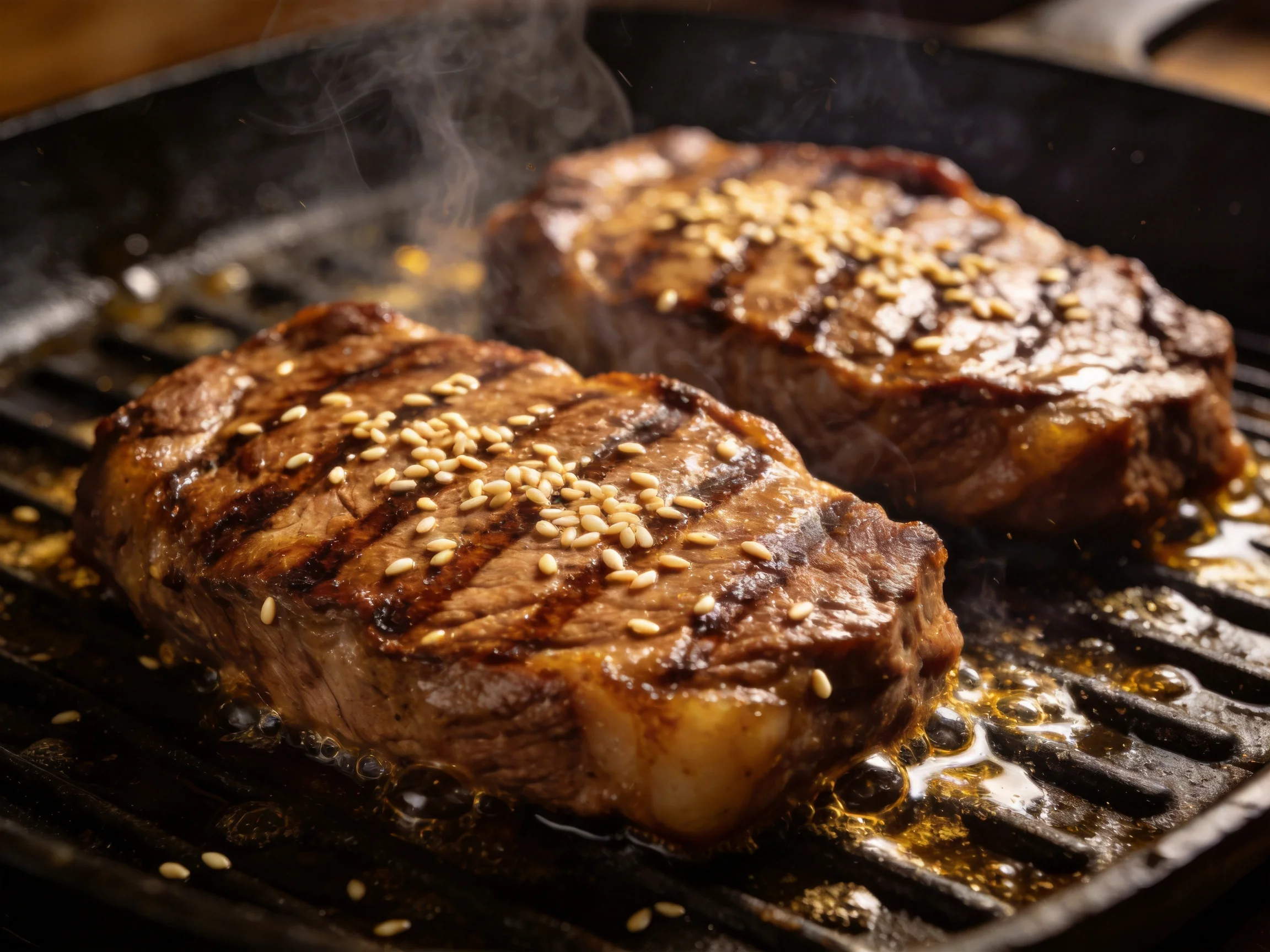 Two grilled steaks topped with sesame seeds on a black griddle