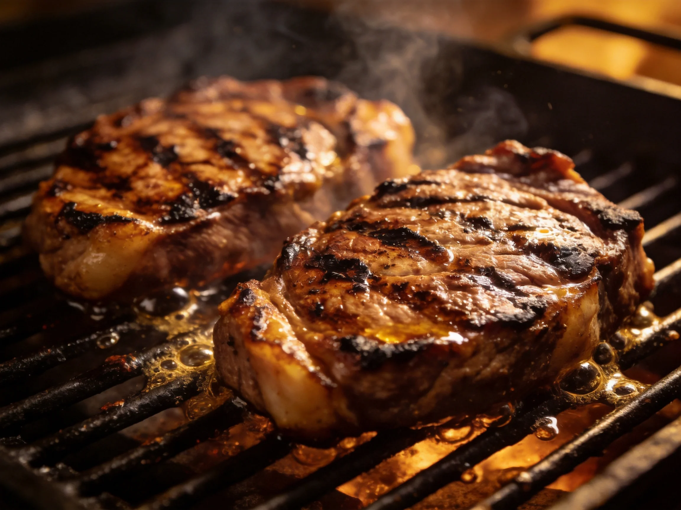 Two grilled steaks with bold char marks cooking on a hot grill