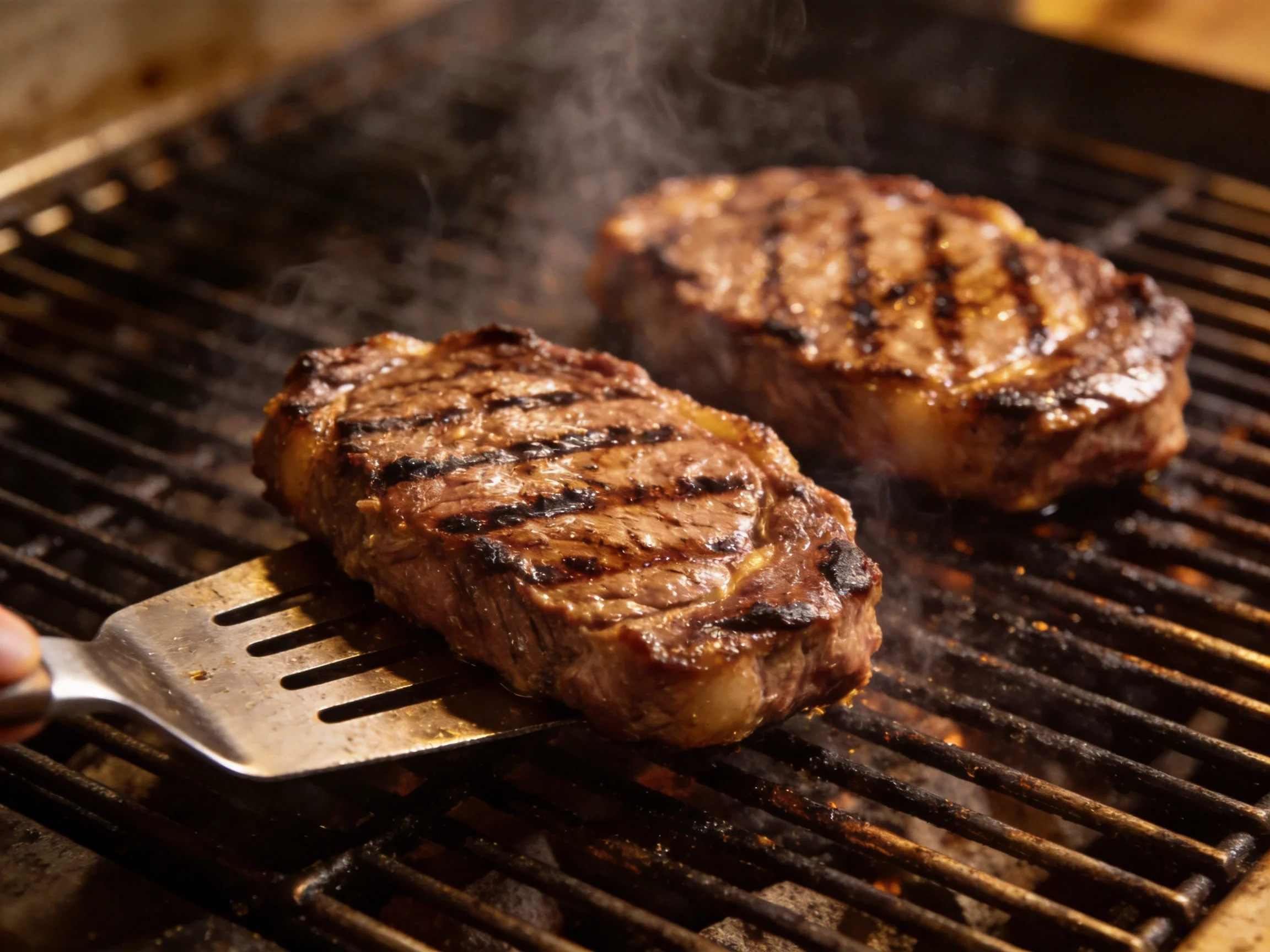 Two grilled steaks with bold char marks on a dark metal grill