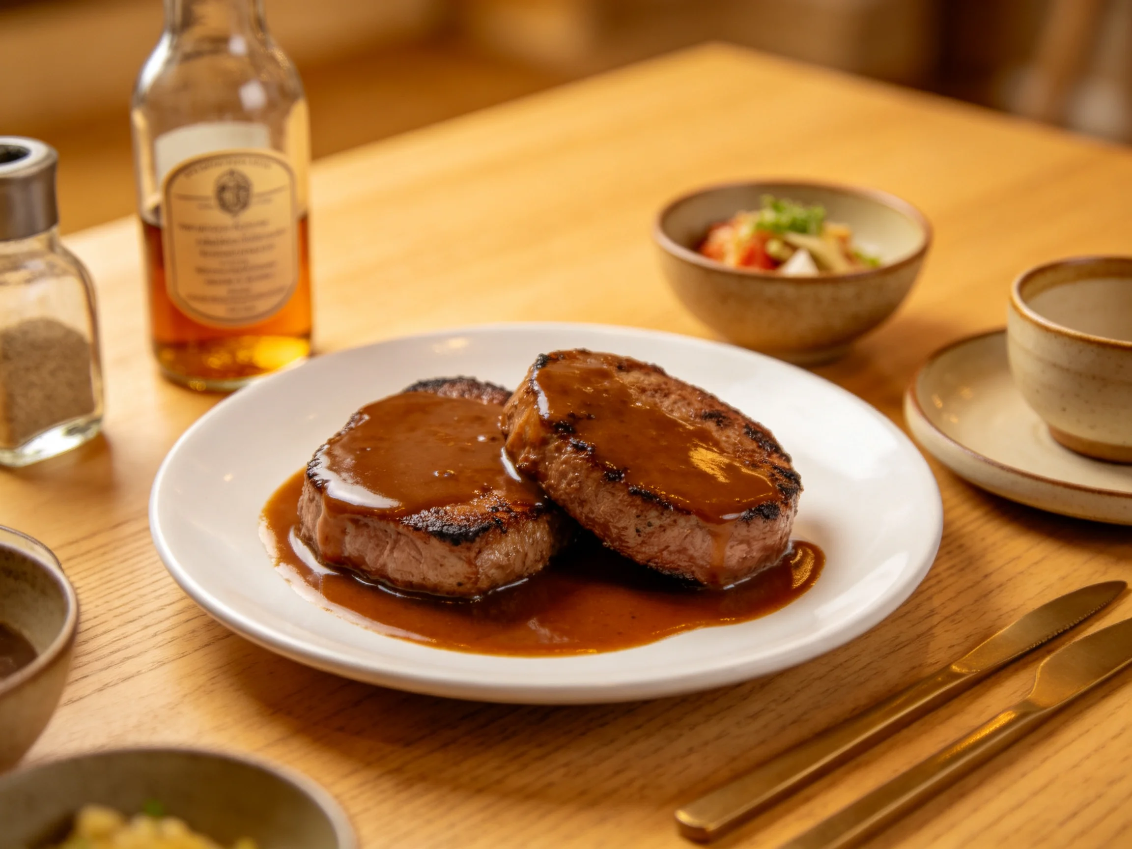 Two grilled steaks with brown sauce on a white plate