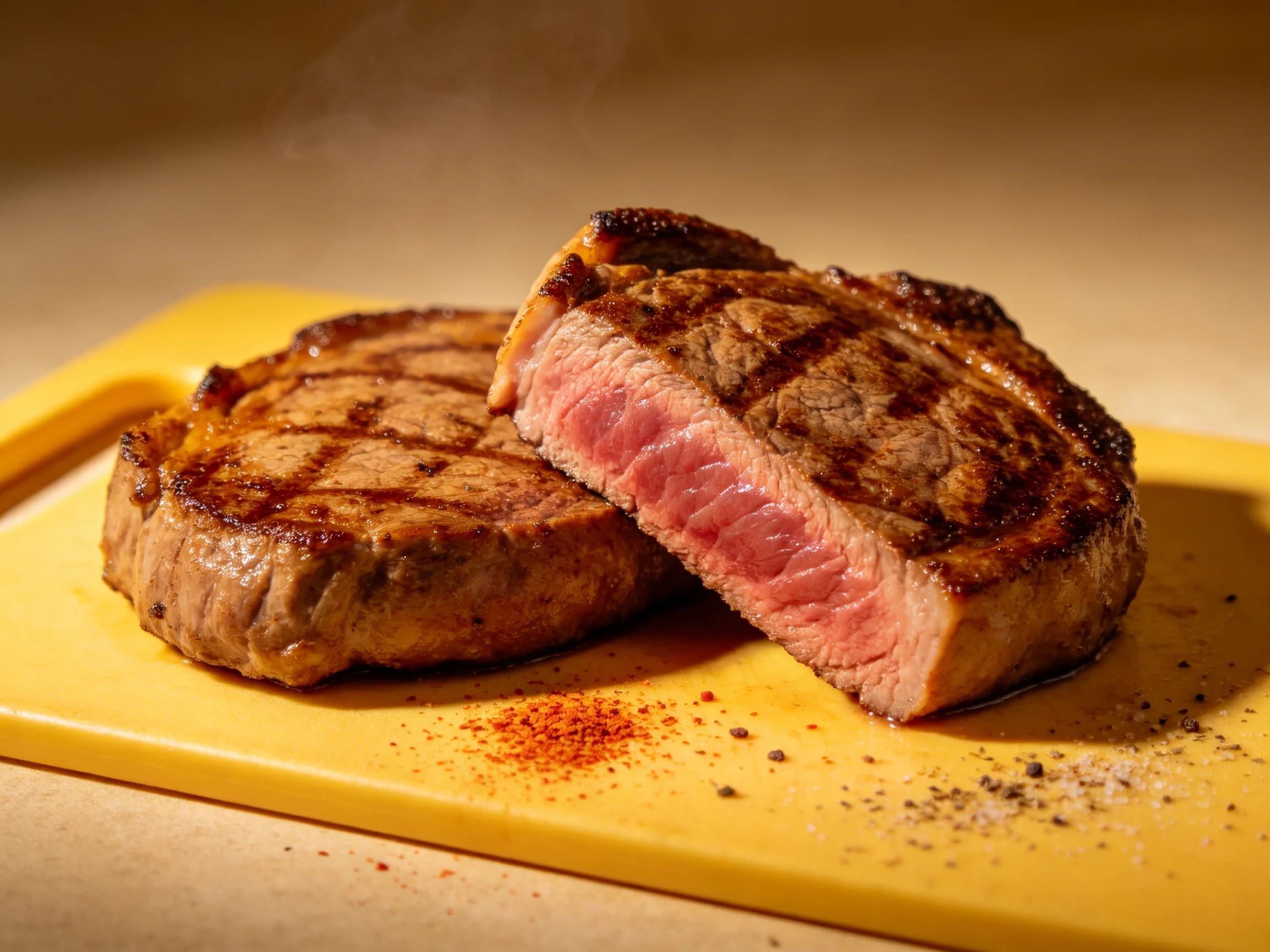 Two grilled steaks with pink interiors on a yellow cutting board