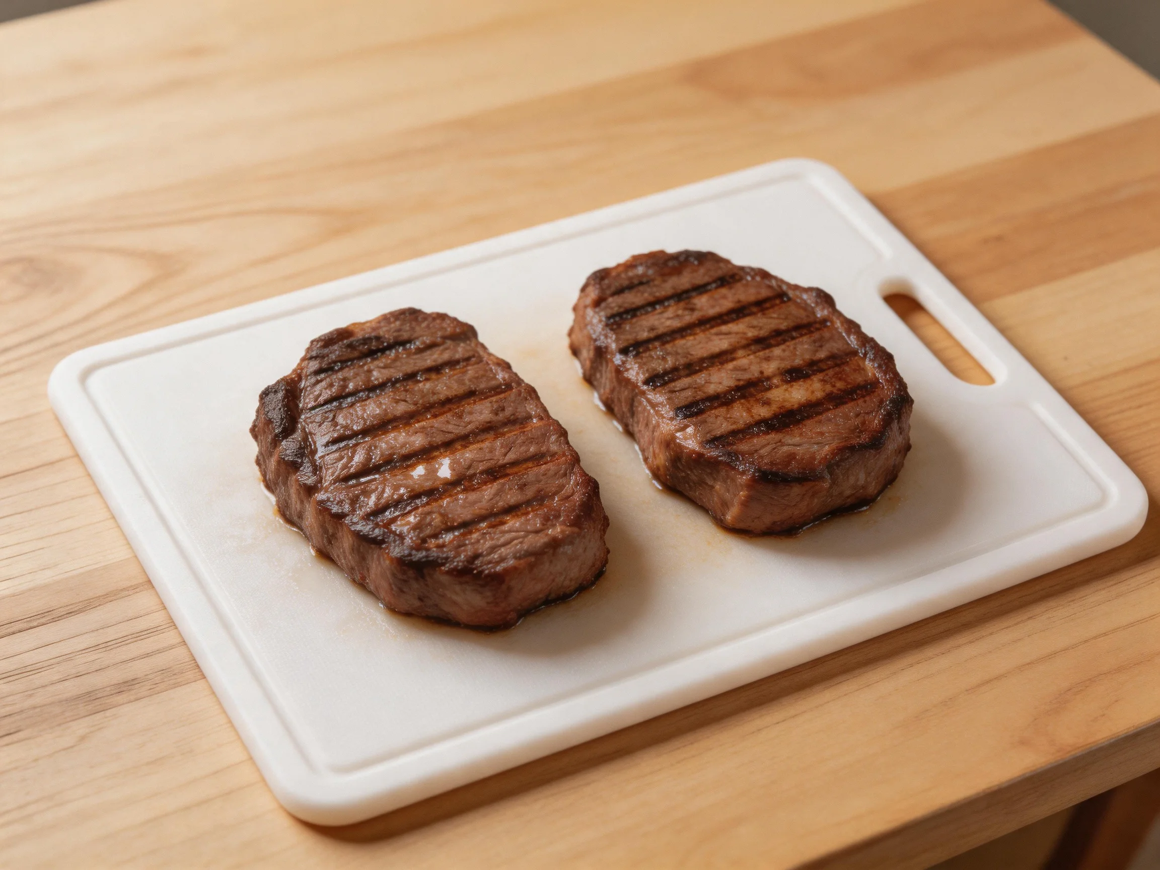 Two grilled steaks with prominent grill marks rest on a white cutting board.