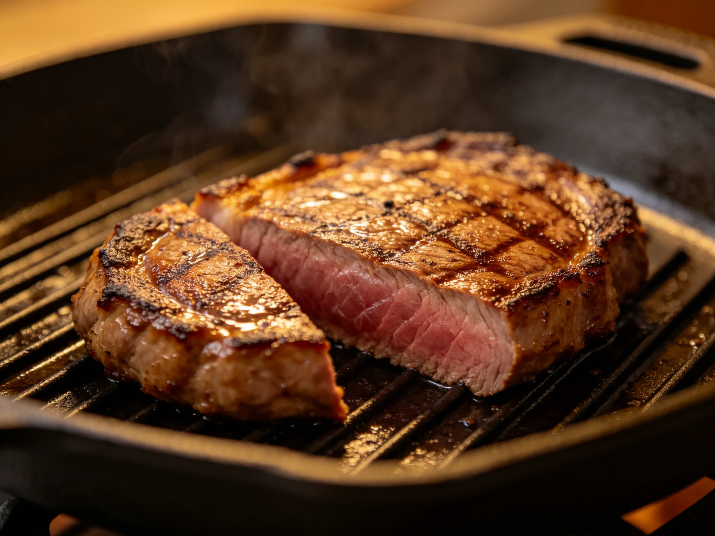 Two grilled steaks with seared crusts on a black cast iron griddle