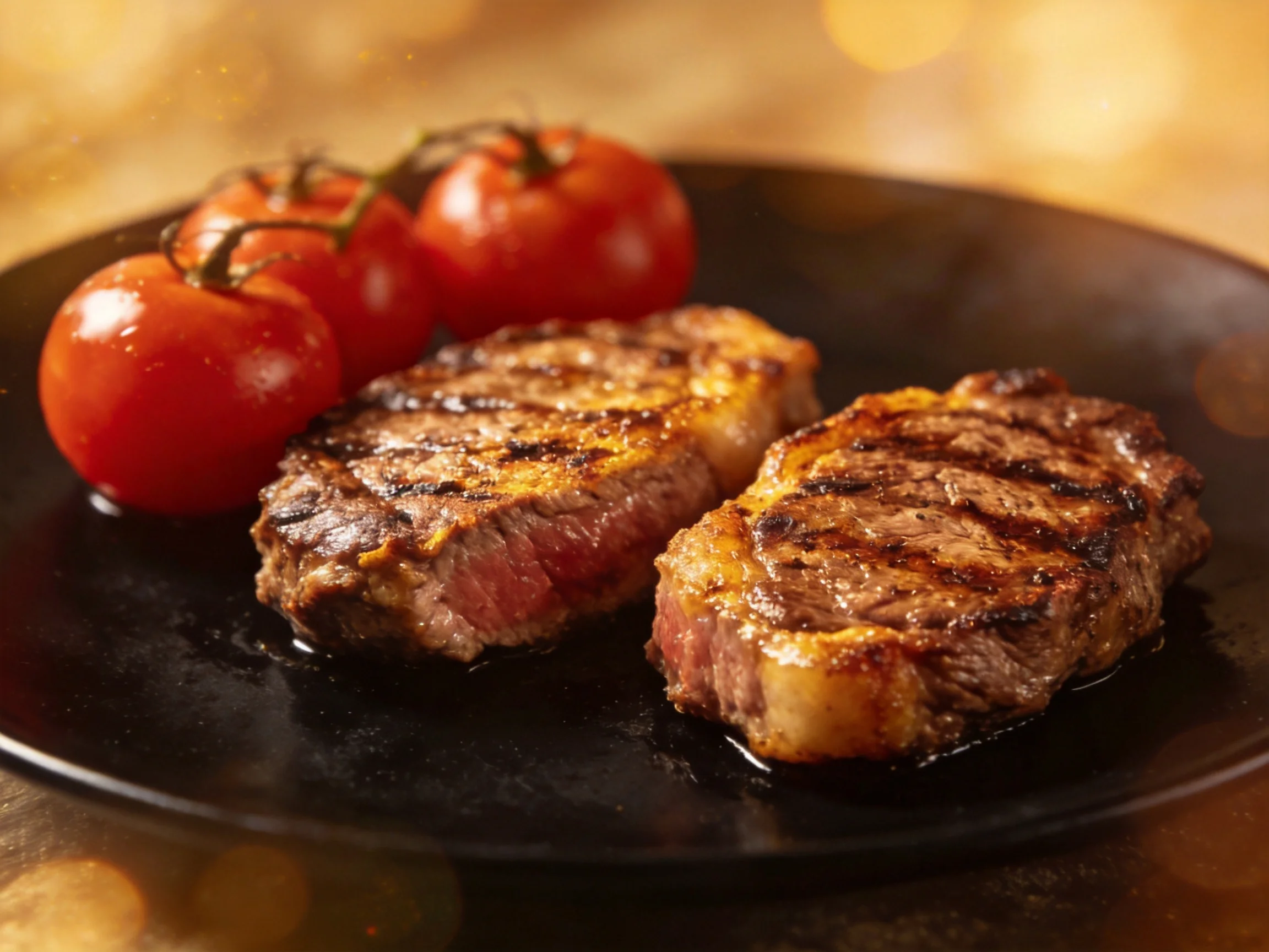 Two grilled steaks with three vibrant cherry tomatoes on a dark plate