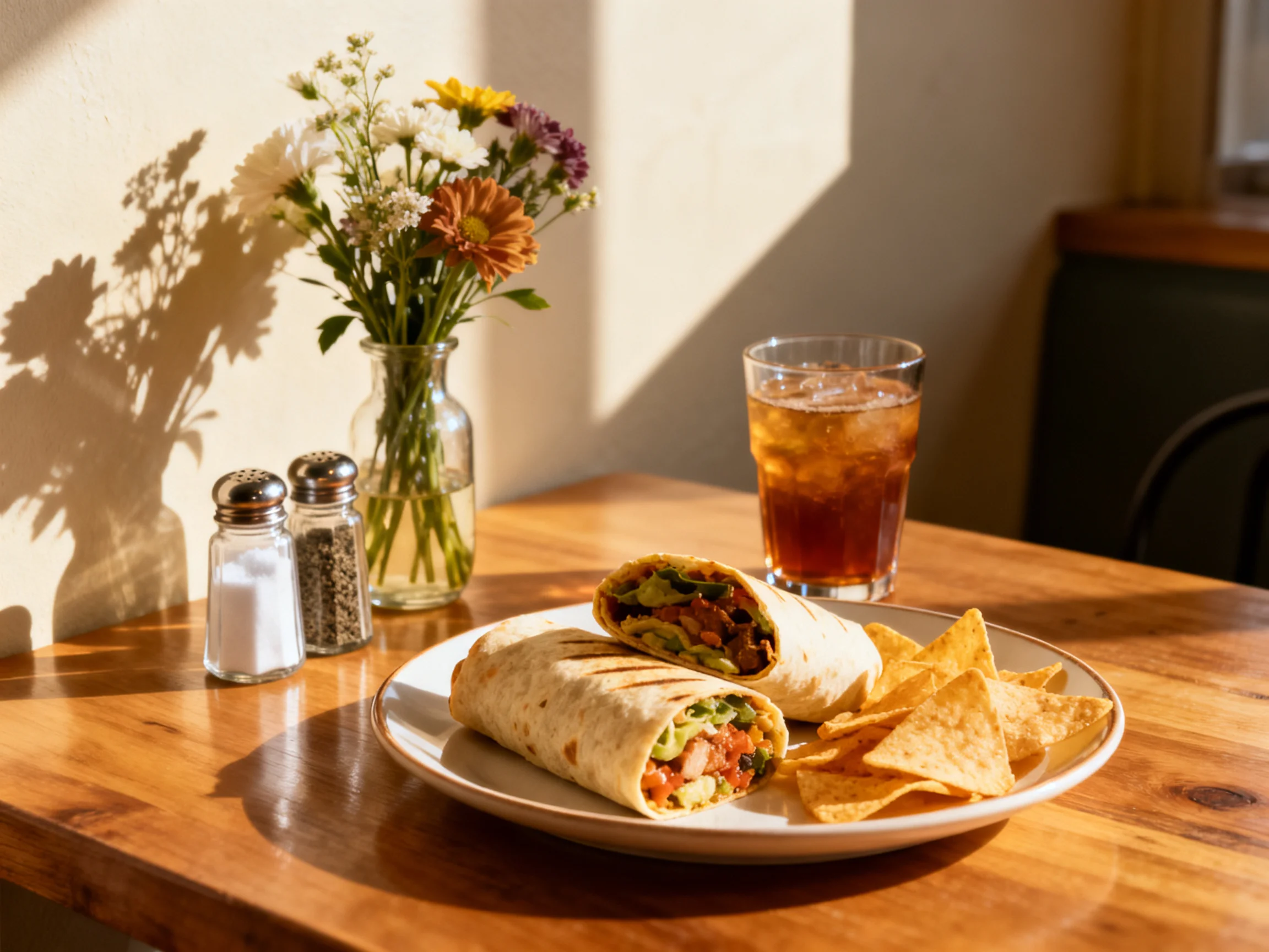 Two grilled vegetable burritos, tortilla chips, and iced tea on a wooden table