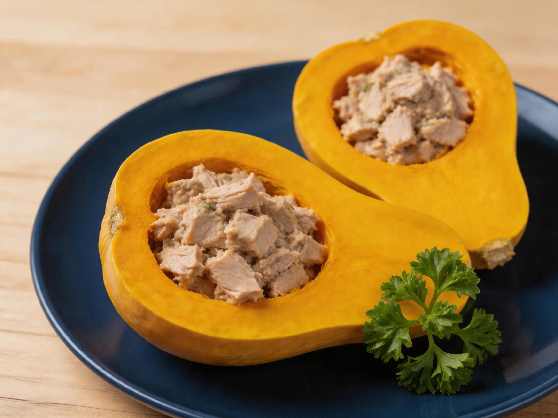 Two halved yellow squash stuffed with tuna on a dark blue plate