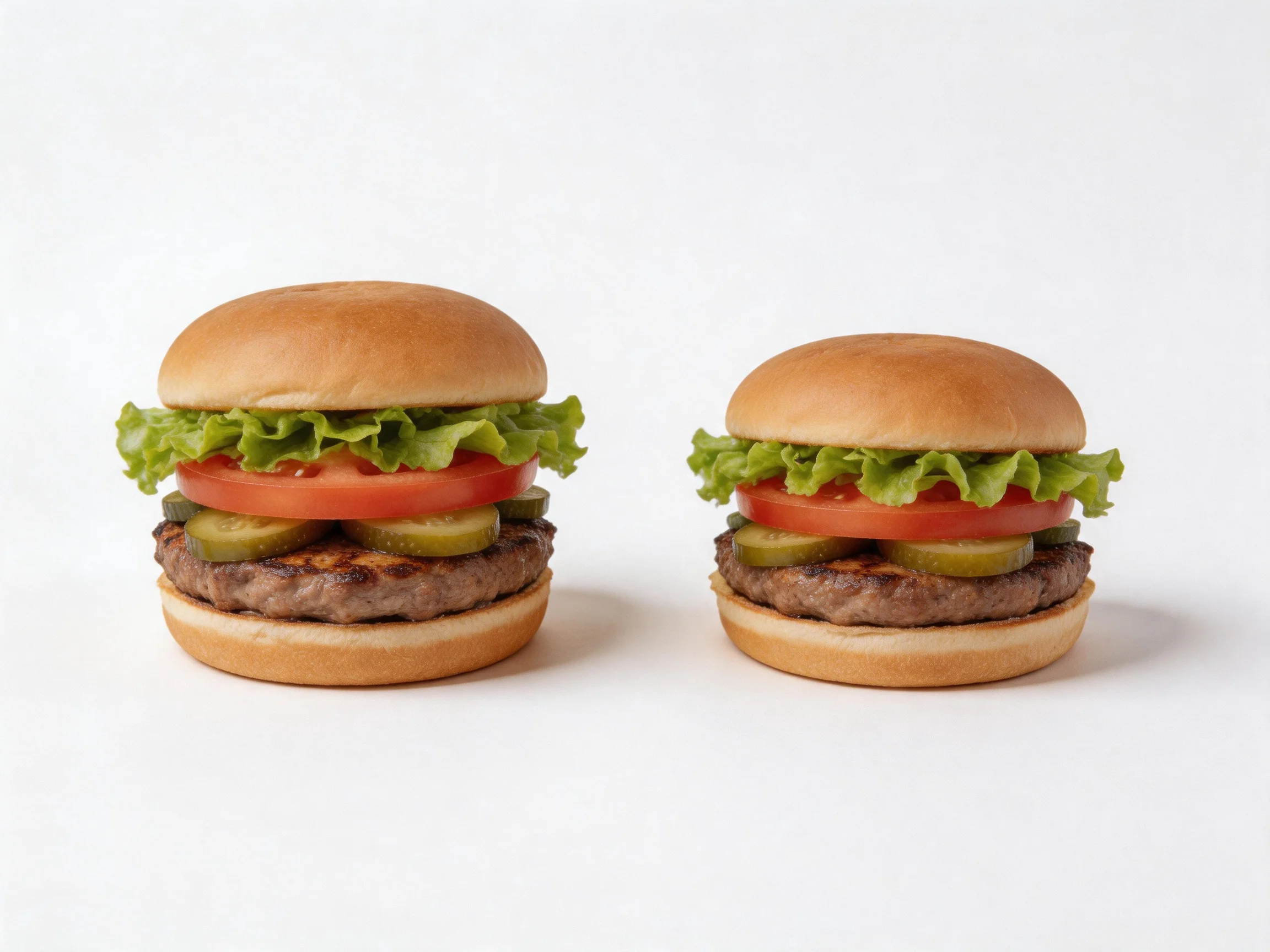 Two hamburgers with fresh lettuce, tomato, pickles, and grilled beef patties