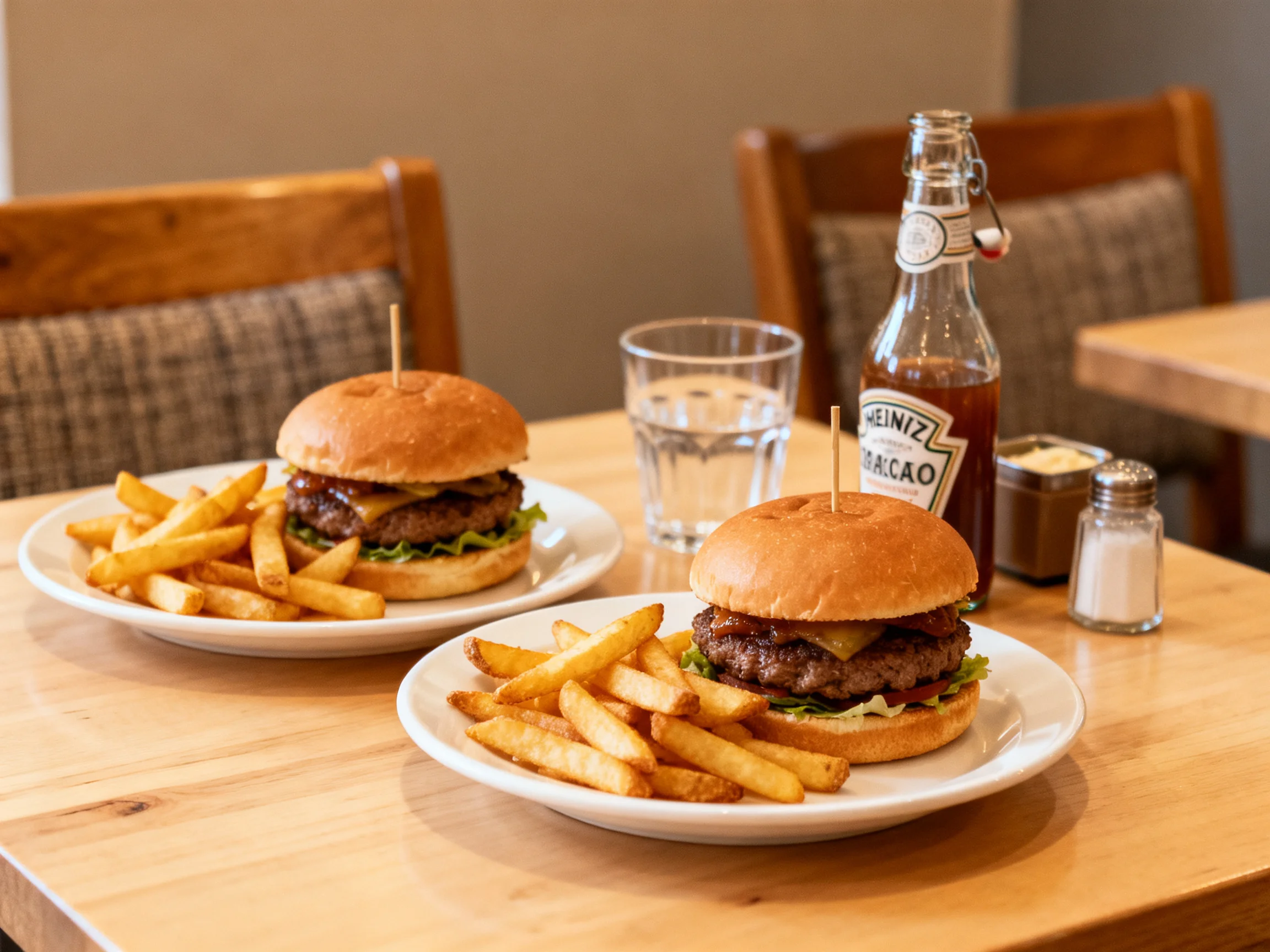 Two hamburgers and fries are served on plates near a glass bottle.