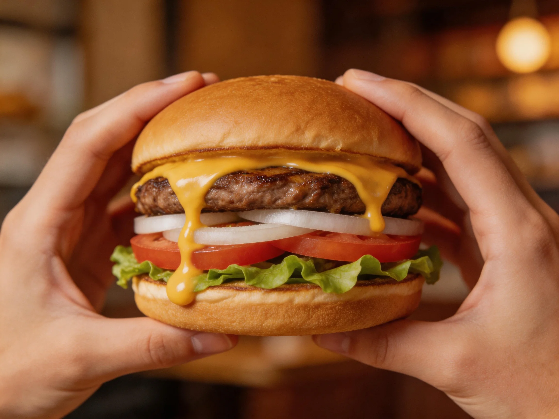 Two hands holding a cheeseburger with melted cheddar, tomato slices, onion rings, and lettuce