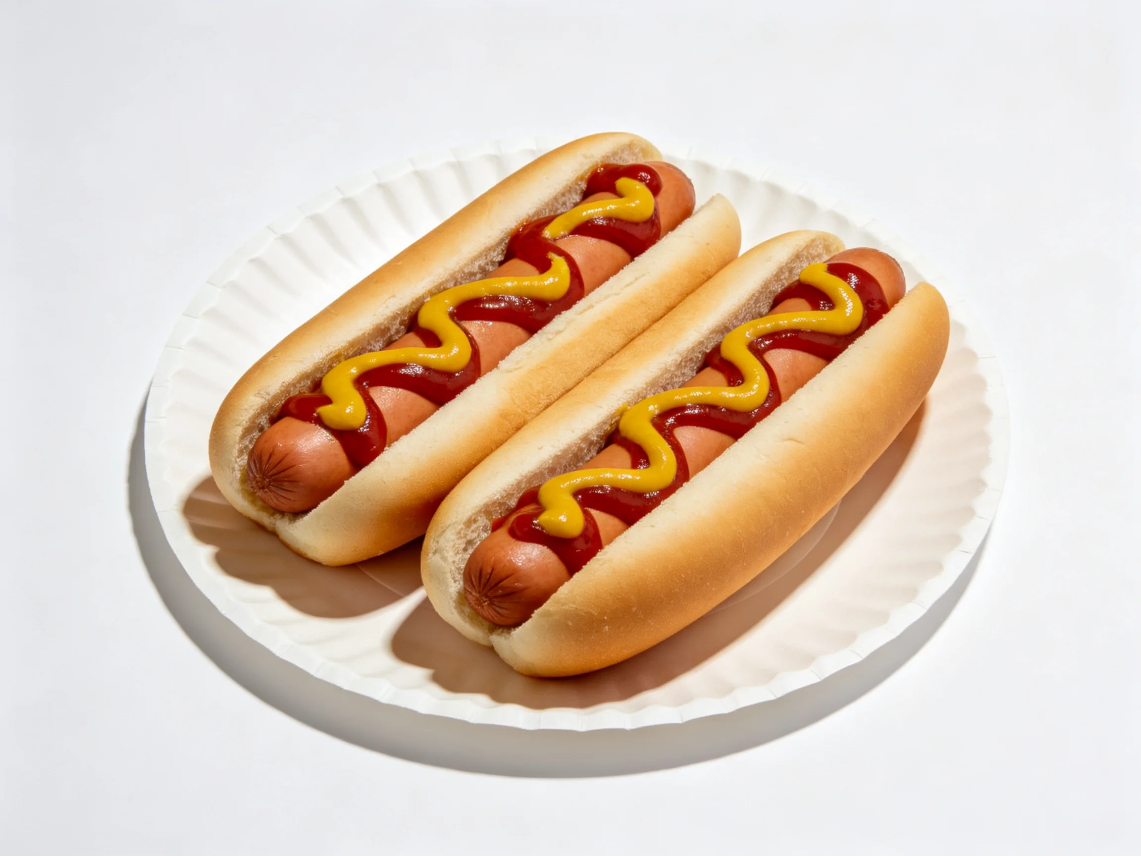 Two hot dogs with ketchup and mustard on a white paper plate