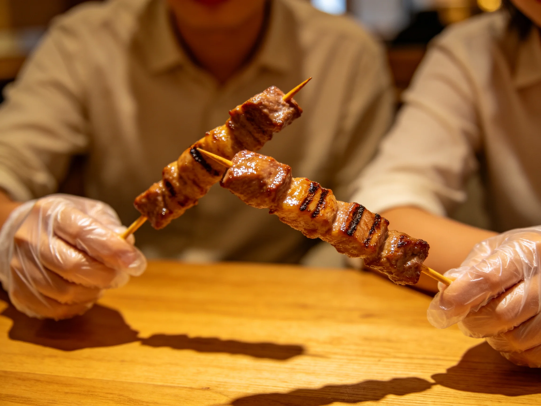 Two individuals hold grilled meat skewers on a wooden table