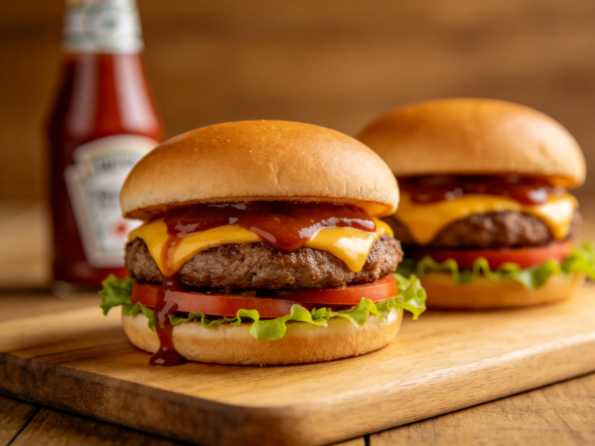 Two juicy cheeseburgers with melted cheddar and sauce on a wooden board