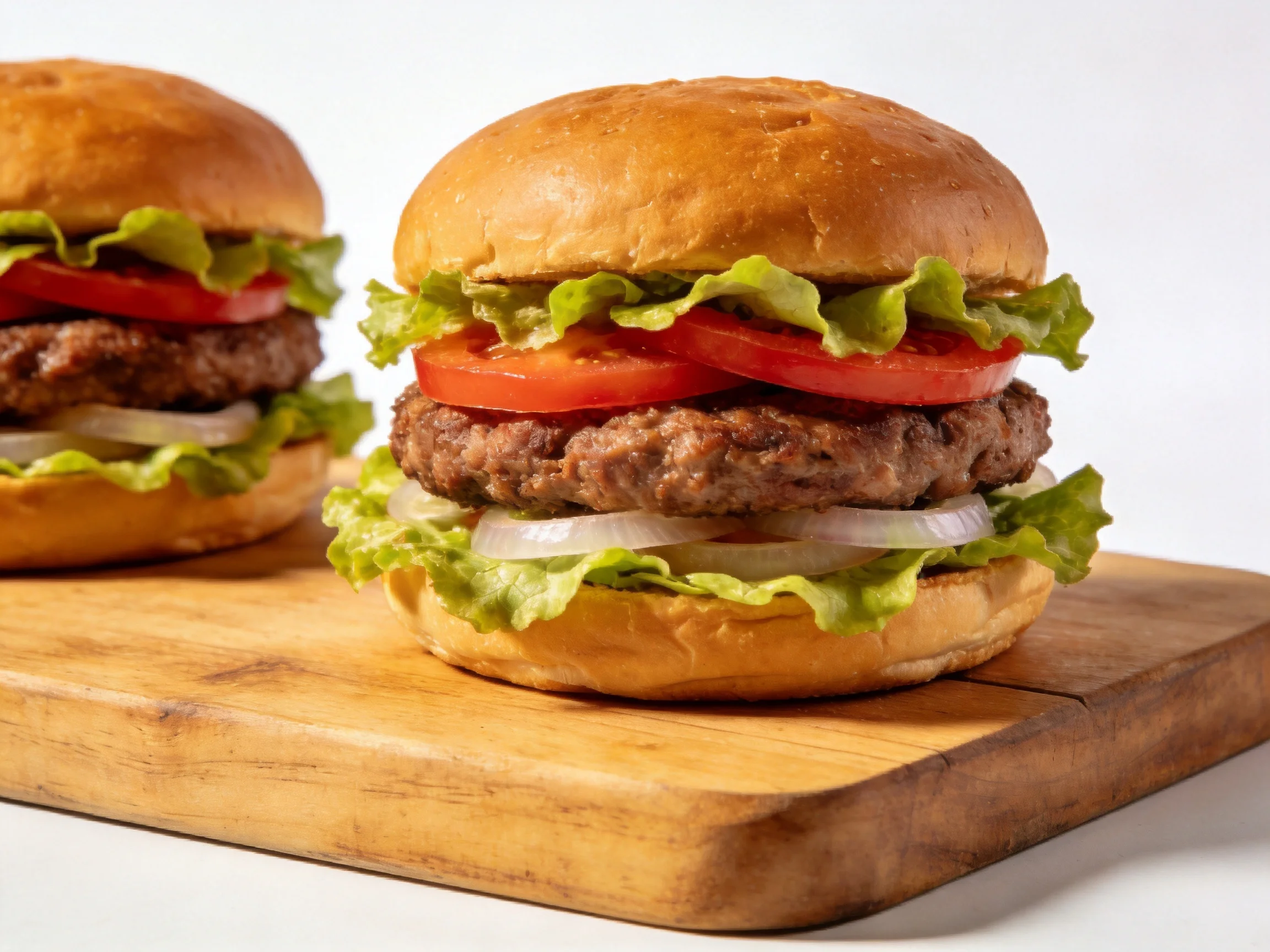 Two juicy hamburgers with fresh veggies on golden buns