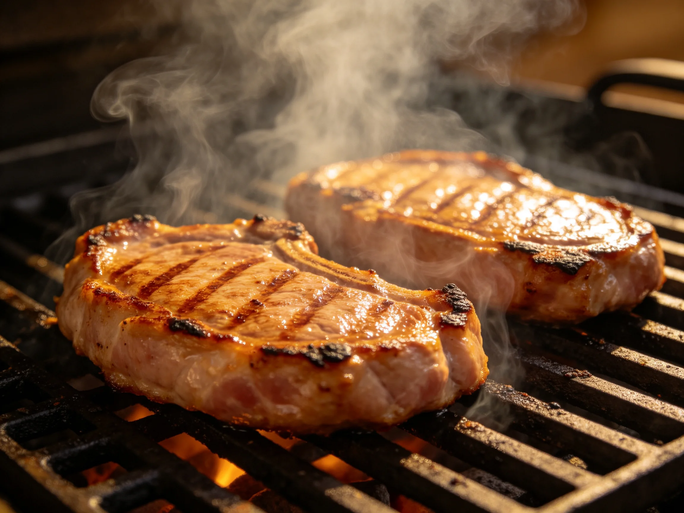 Two juicy pork chops grilling on a black barbecue with rising smoke