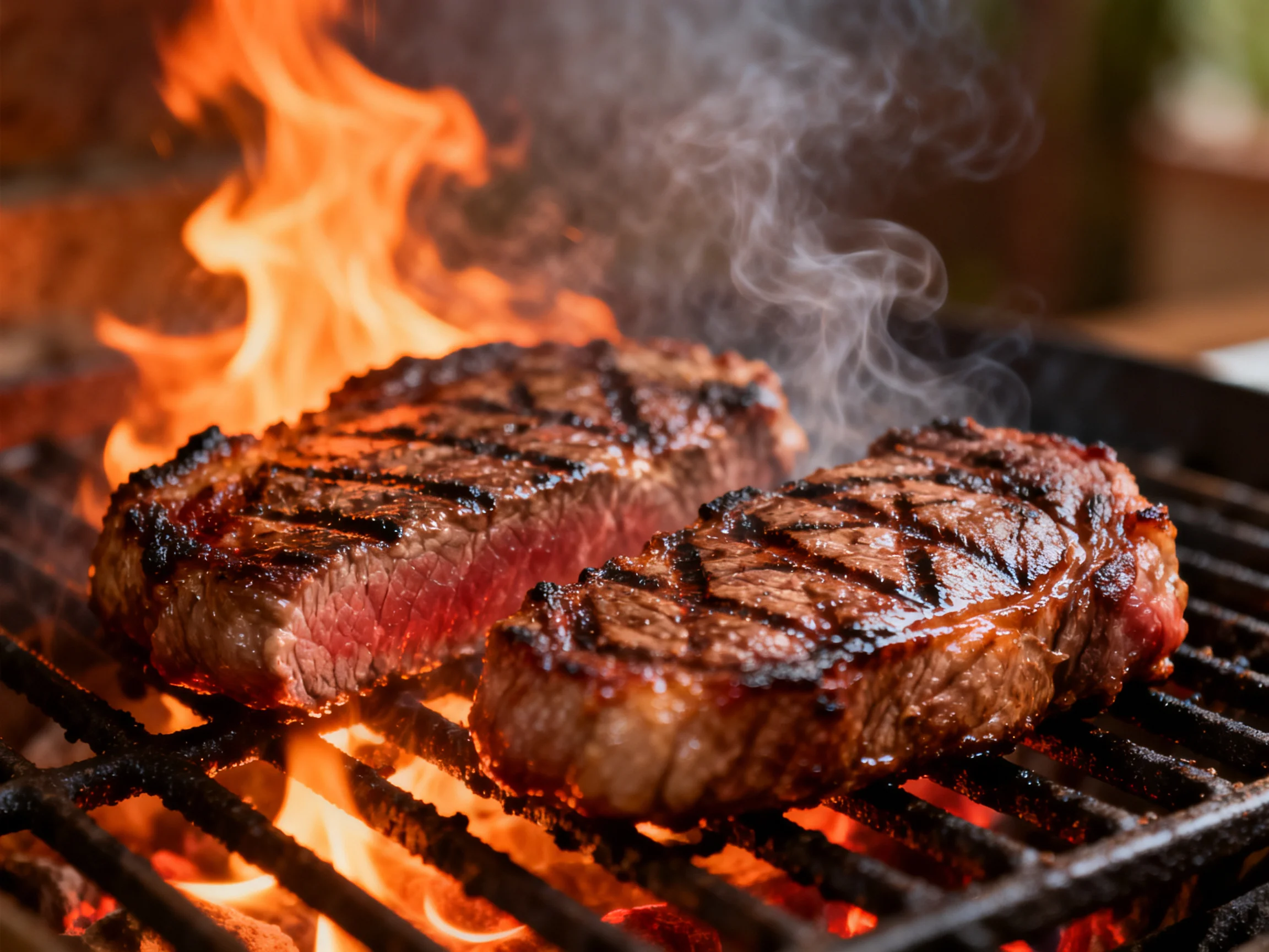 Two juicy steaks cook over bright orange flames on a grill