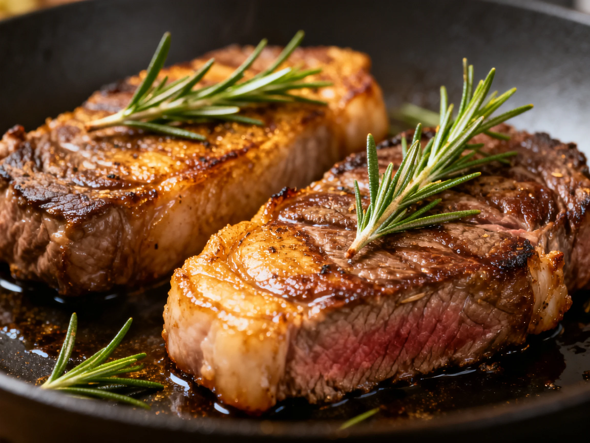 Two juicy steaks garnished with fresh rosemary in a dark skillet