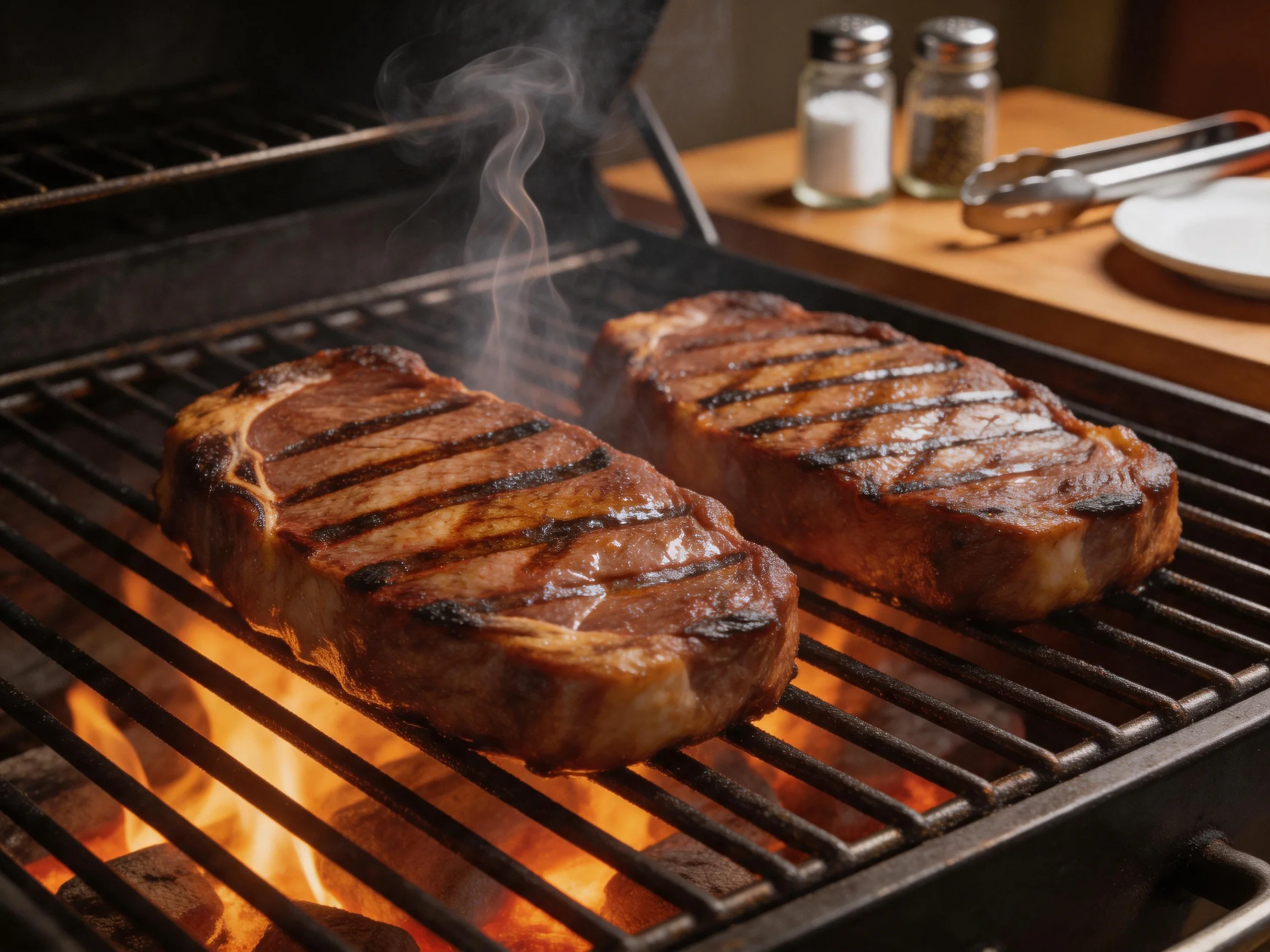 Two juicy steaks grill over bright flames with rising smoke