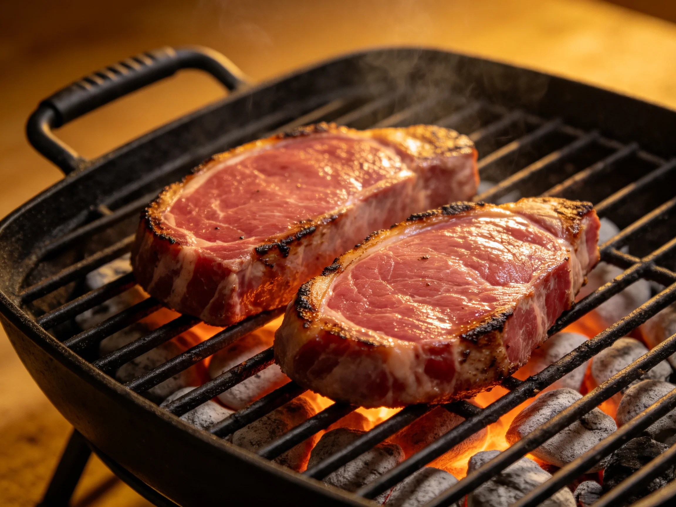 Two juicy steaks sizzle on a black cast iron grill over glowing coals