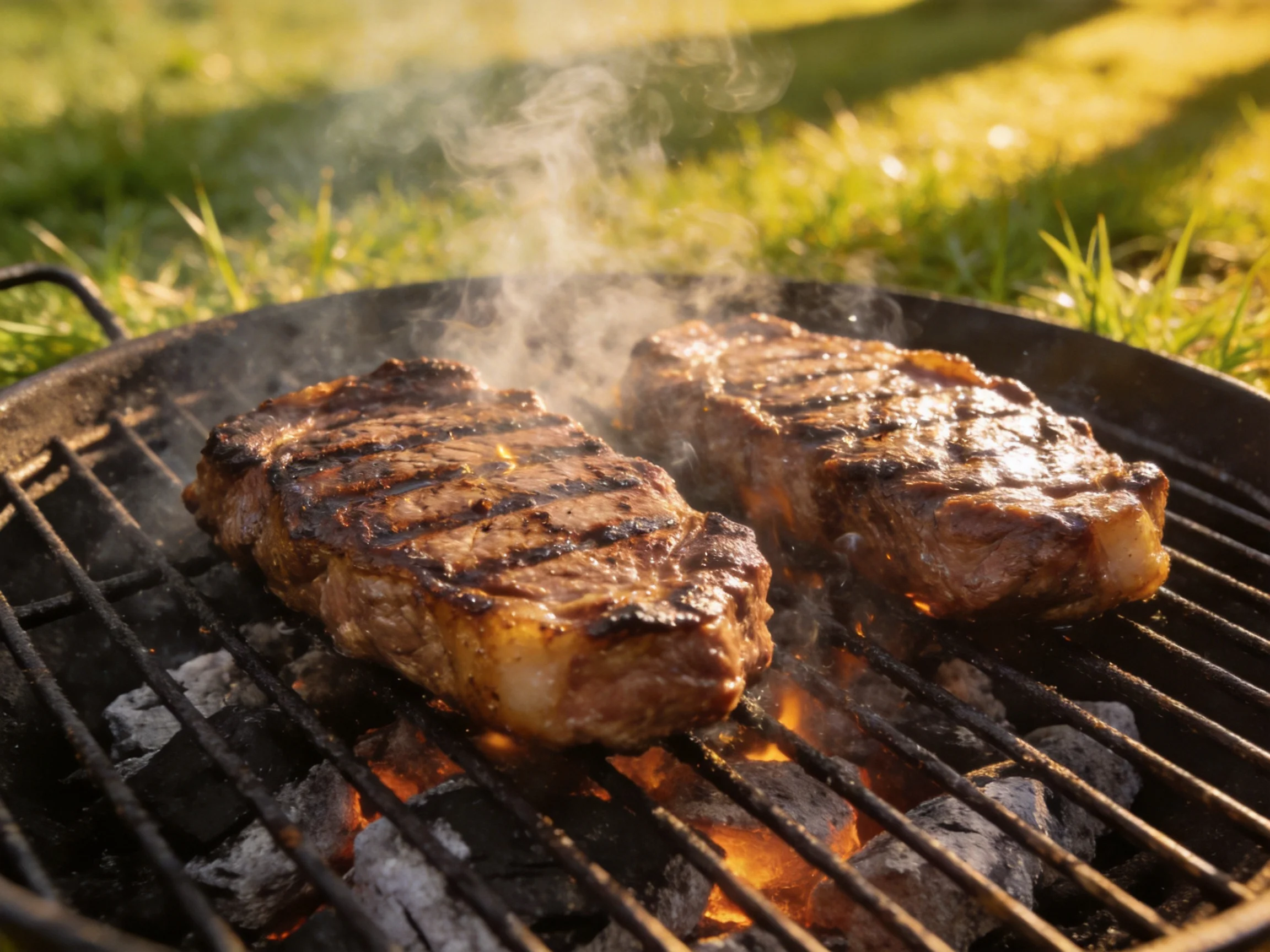 Two juicy steaks sizzle on a charcoal grill in a sunlit backyard