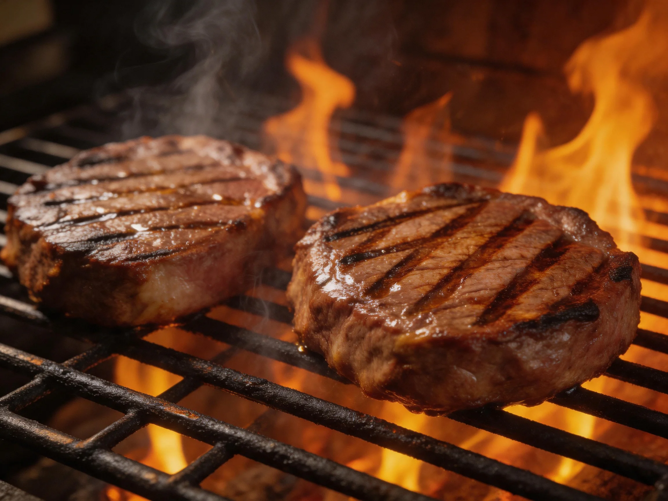 Two juicy steaks sizzle on a flaming outdoor grill