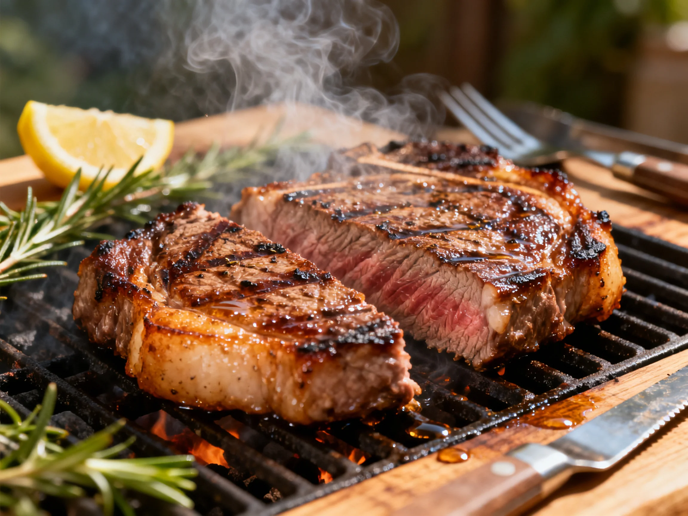 Two juicy steaks sizzle on a grill with rosemary and lemon