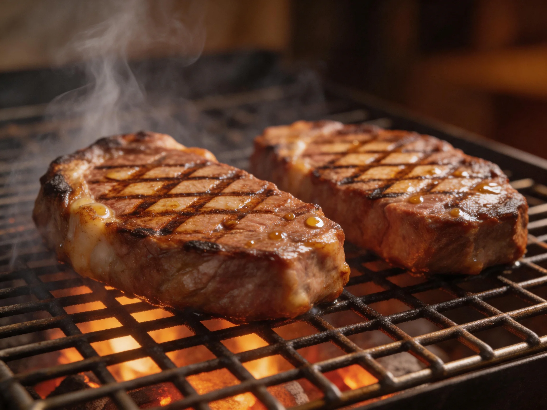 Two juicy steaks sizzle on a hot grill with glowing embers