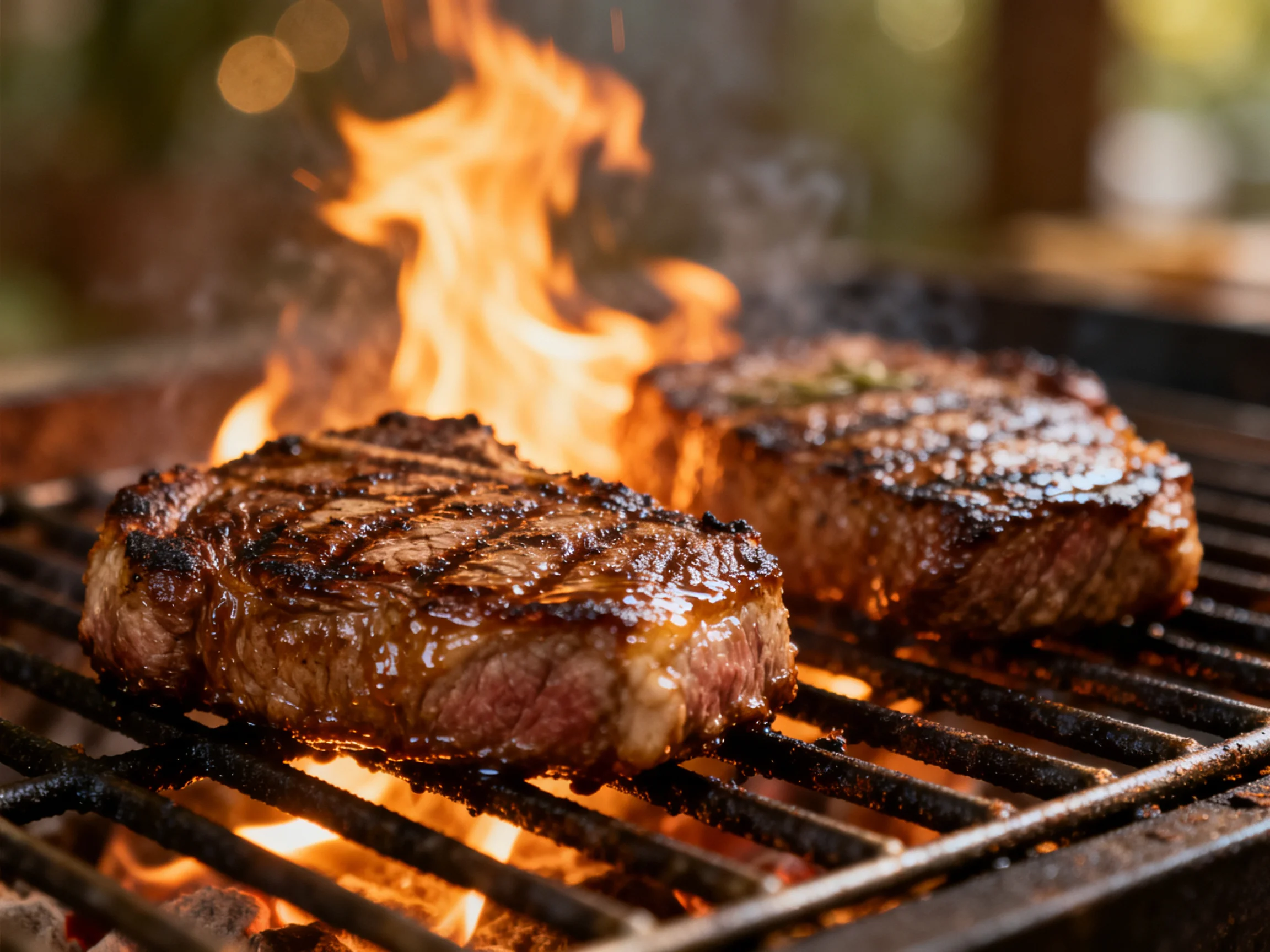 Two steaks cook over an open flame on a grill.