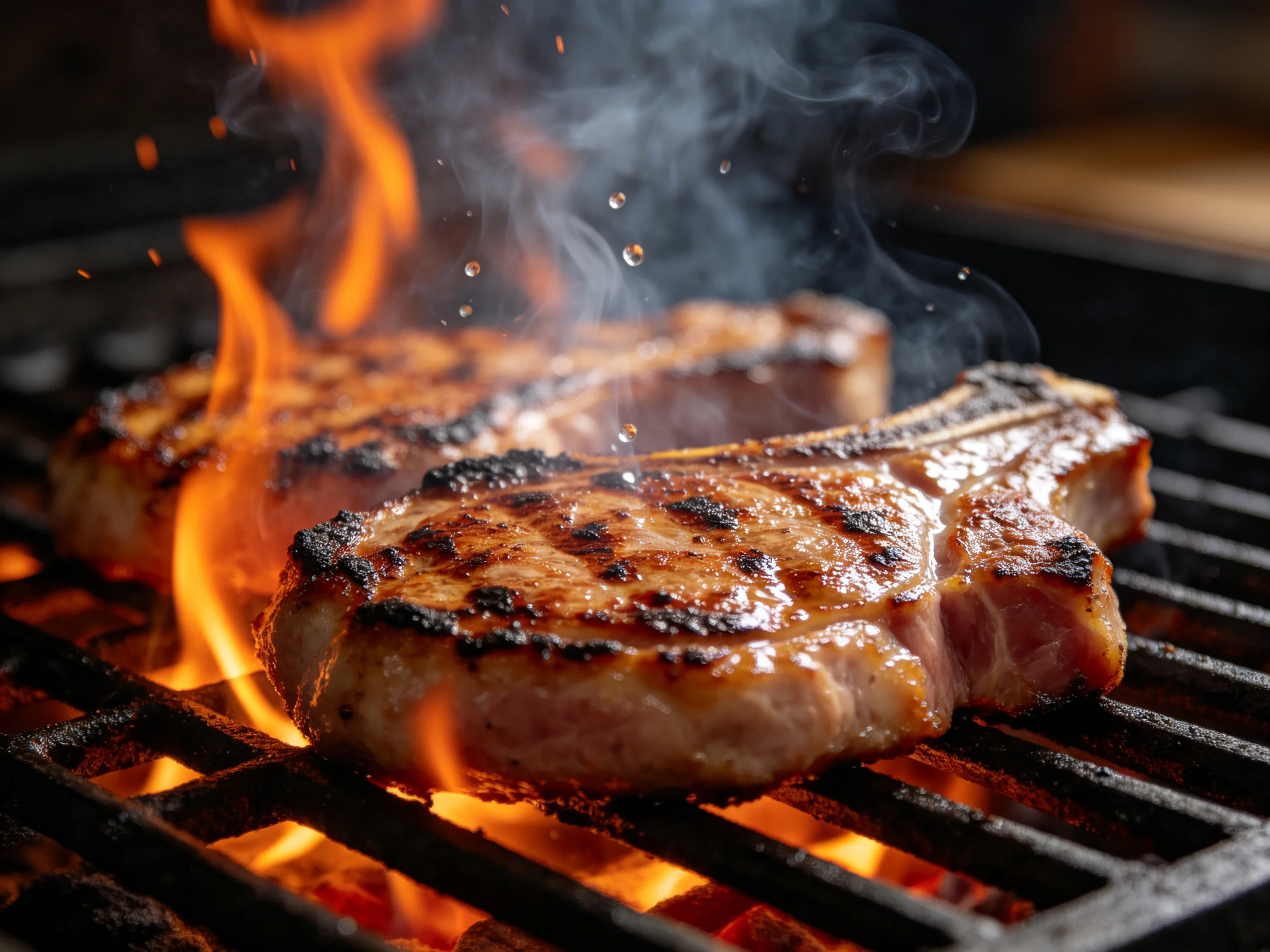 Two juicy steaks sizzle over bright orange flames on a black grill