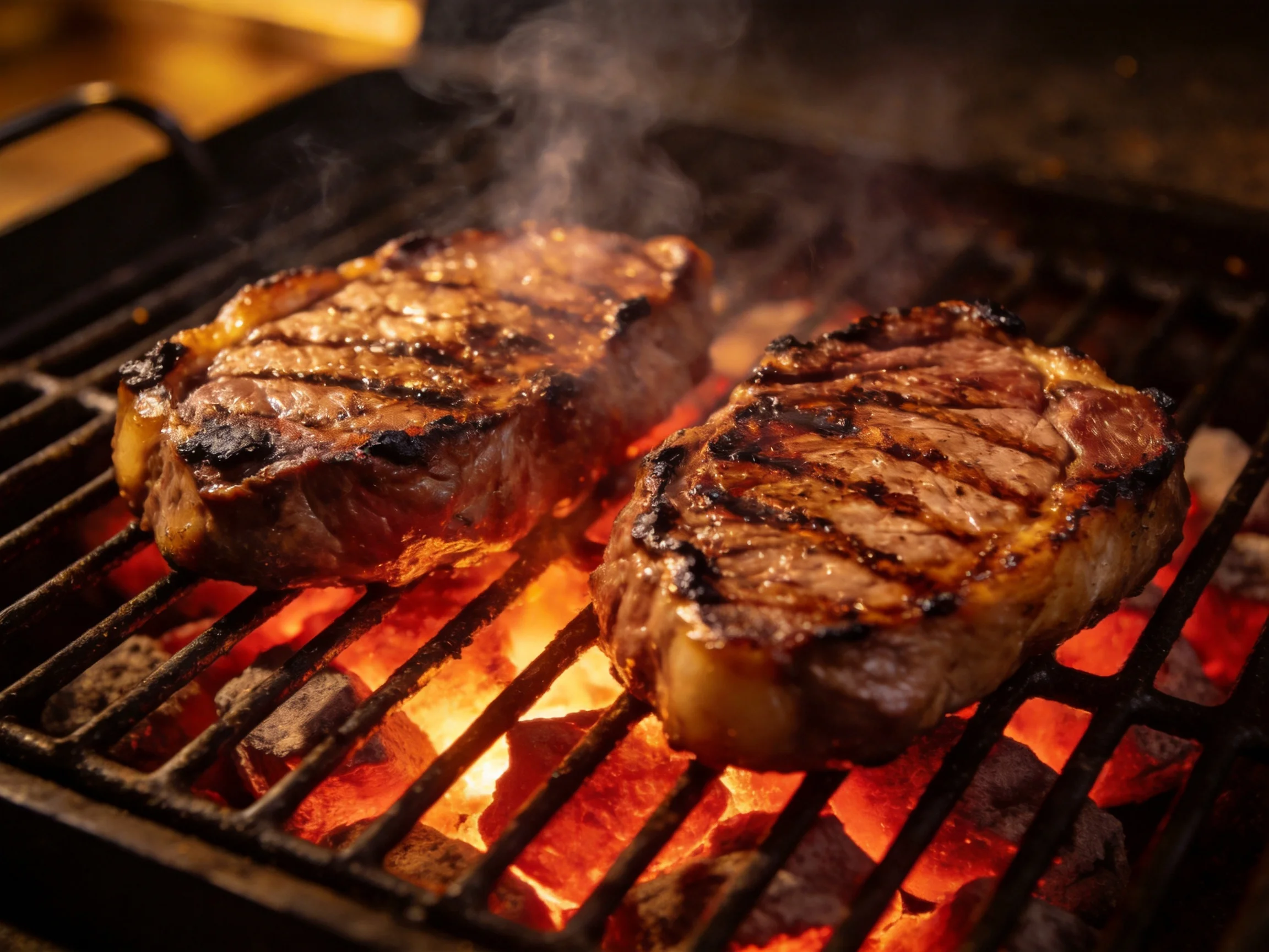 Two juicy steaks sizzle over glowing embers on a black grill