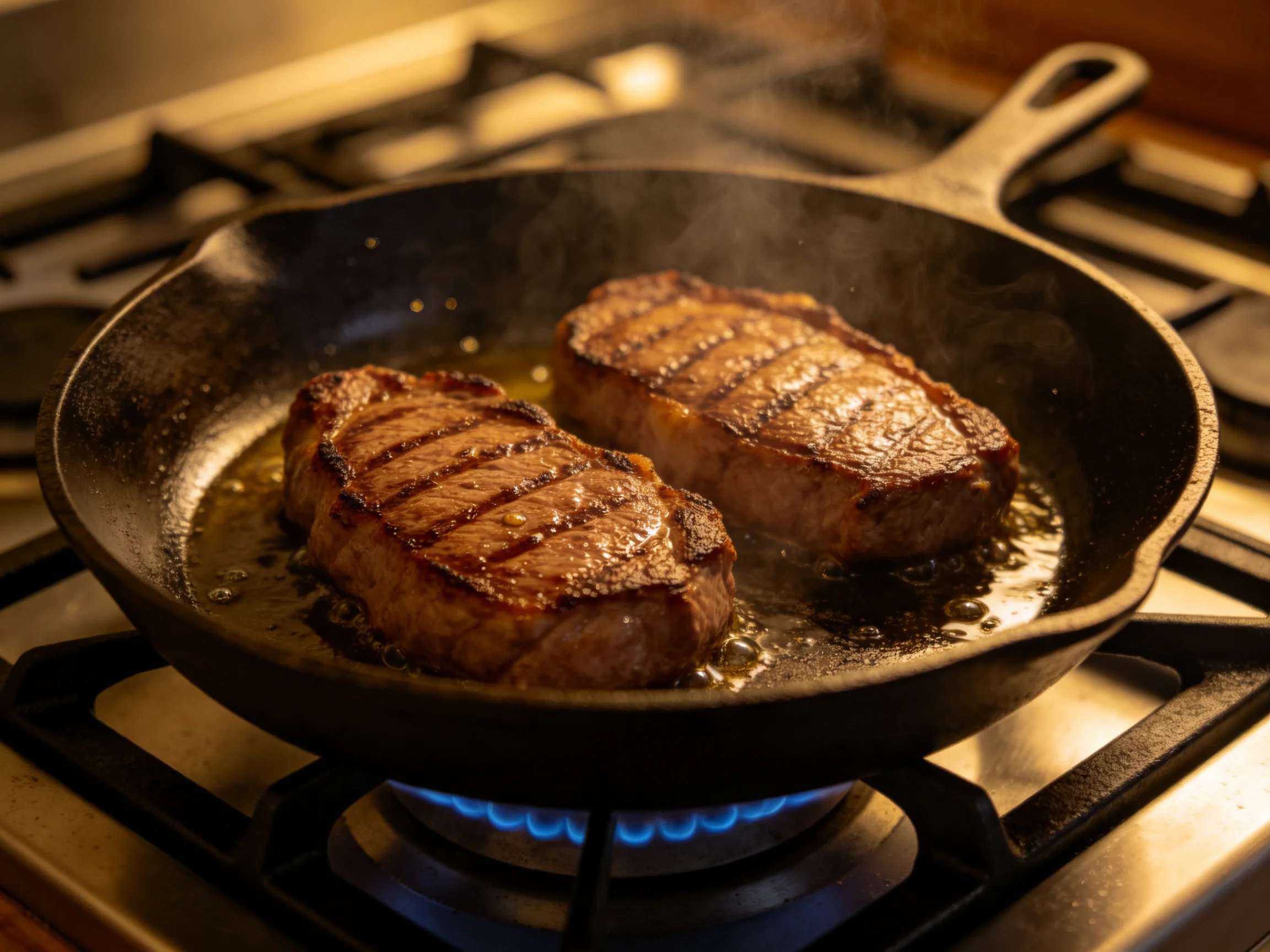 Two juicy steaks sizzling in a black cast iron skillet over a gas stove