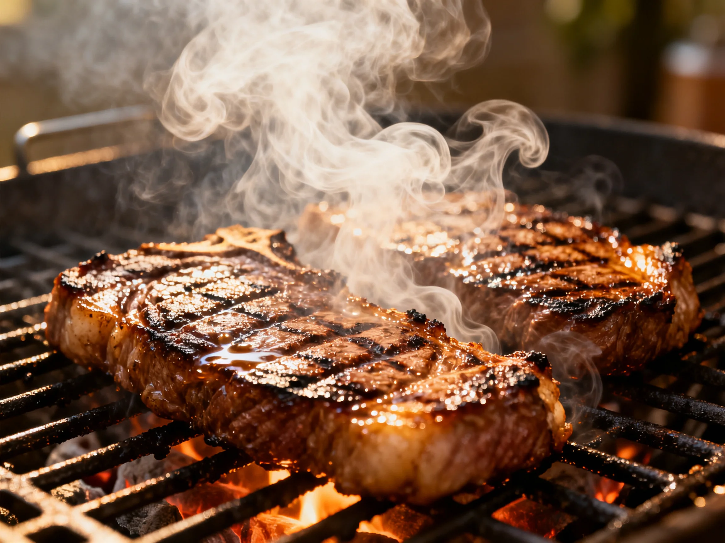 Two juicy steaks sizzling on a hot barbecue grill with rising smoke