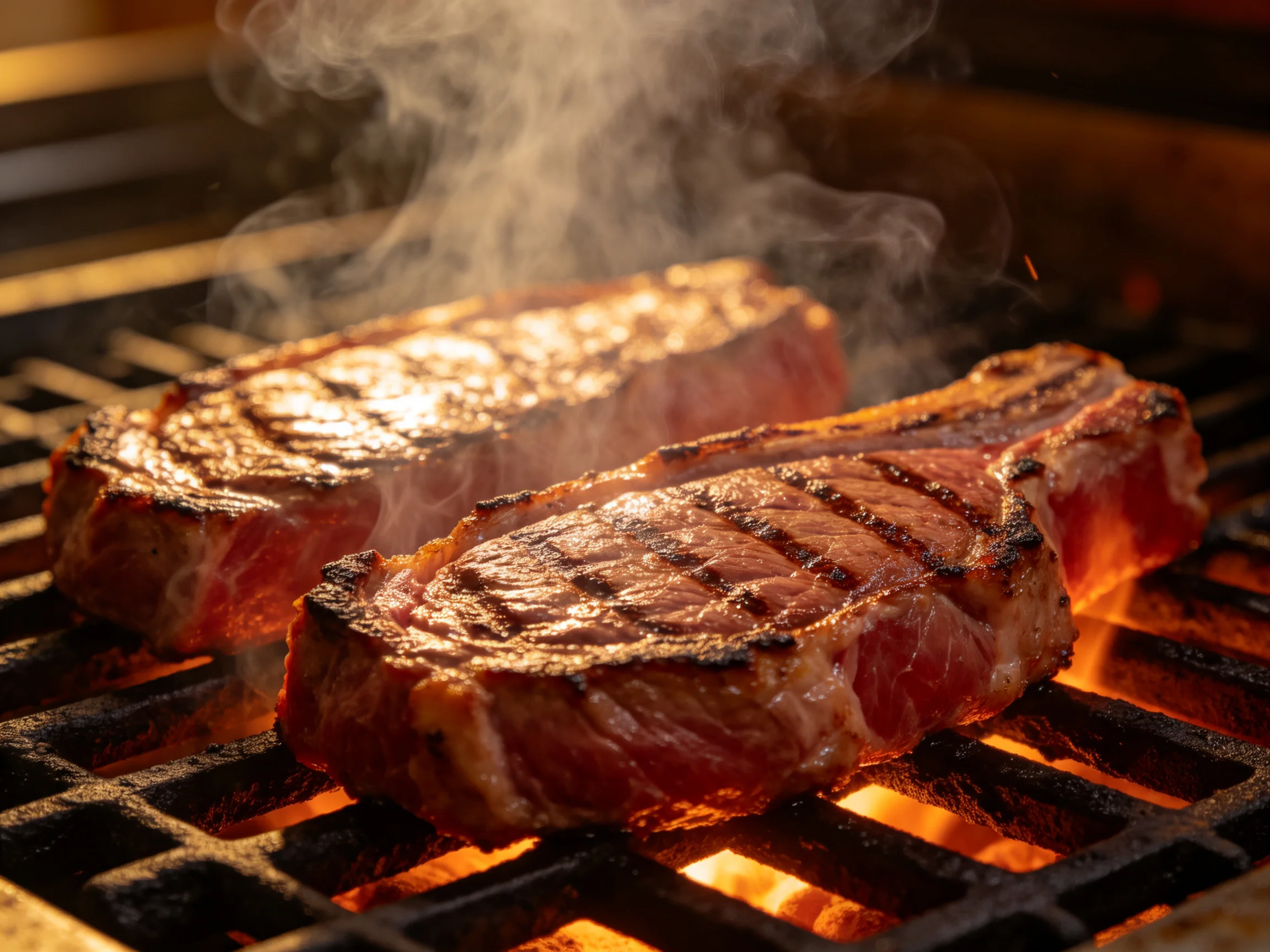 Two juicy steaks sizzling on a hot grill with rising smoke