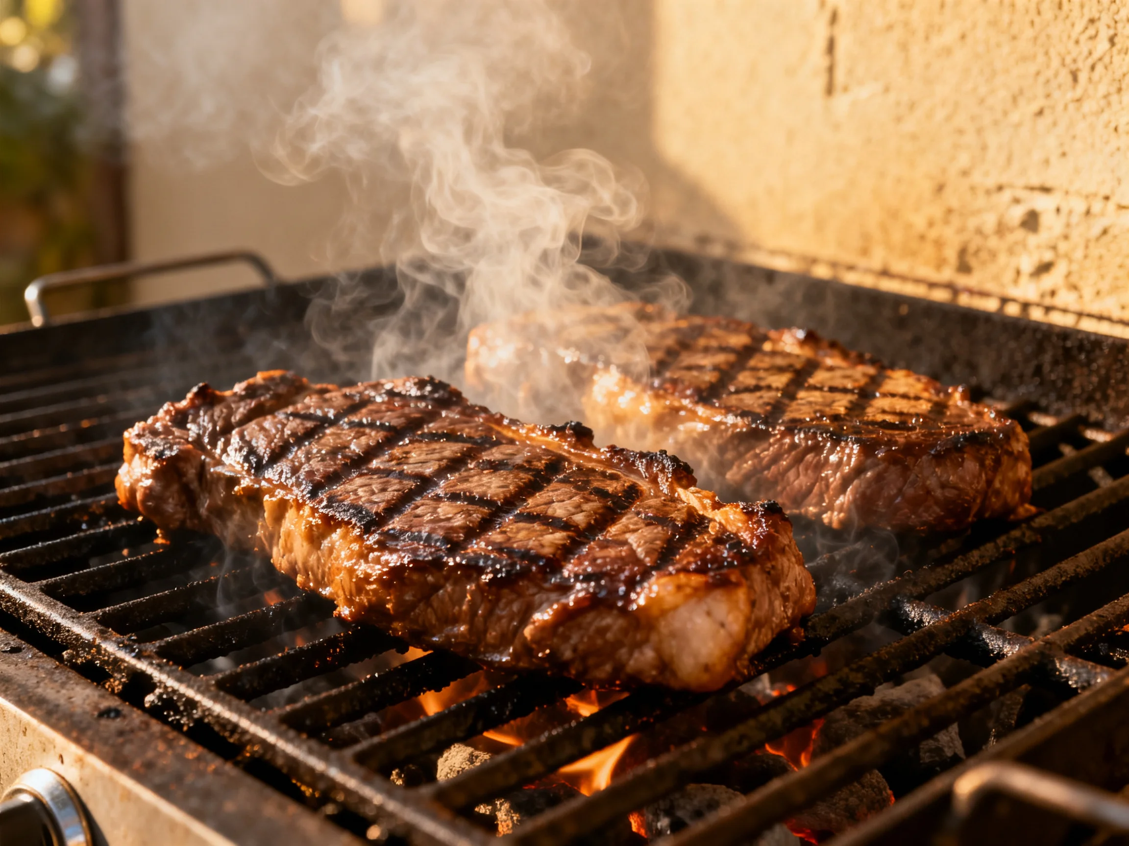 Two juicy steaks sizzling on a hot outdoor grill with rising smoke