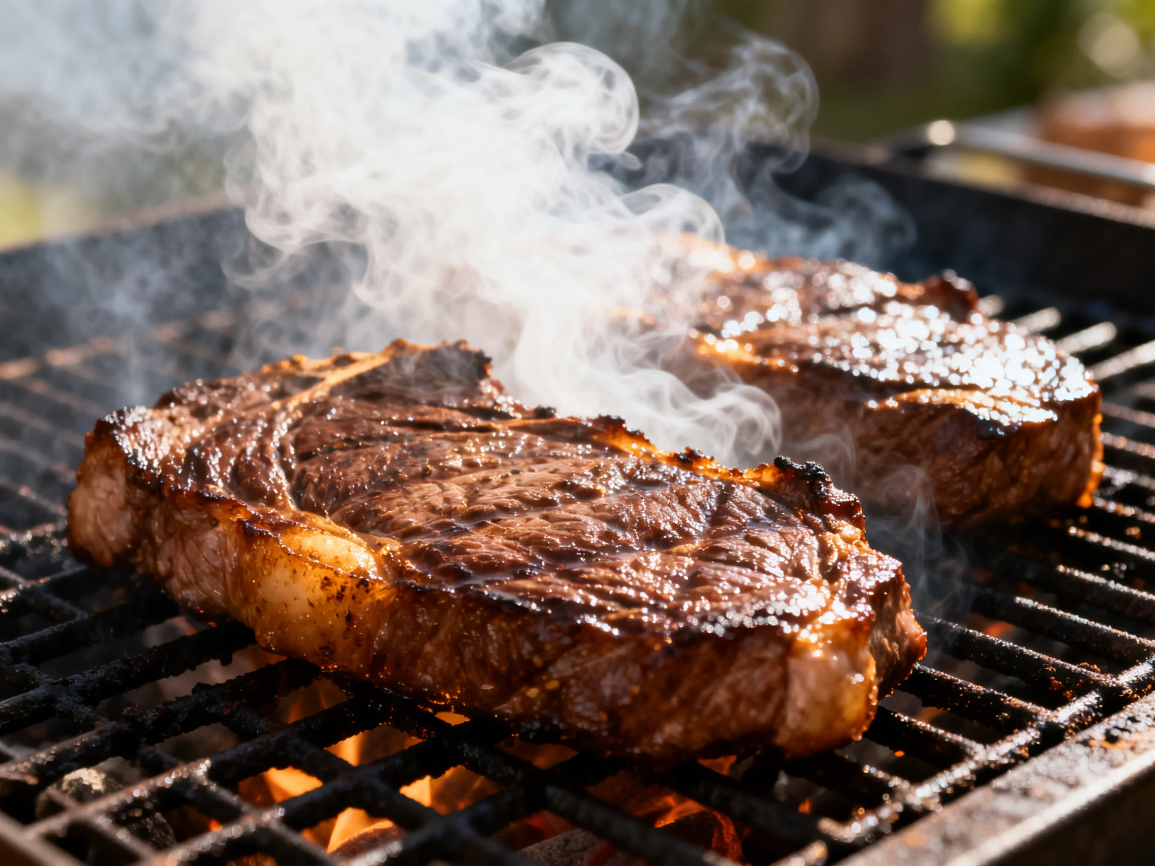 Two juicy steaks sizzling on a hot outdoor grill with rising smoke