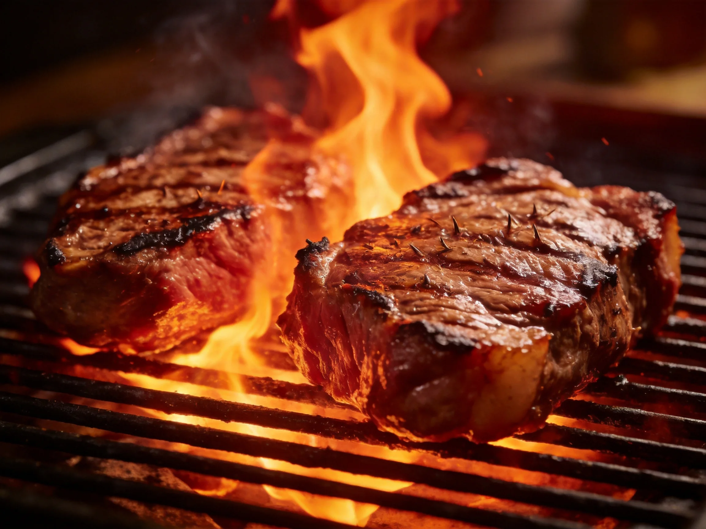 Two juicy steaks sizzling over bright orange flames on a black grill